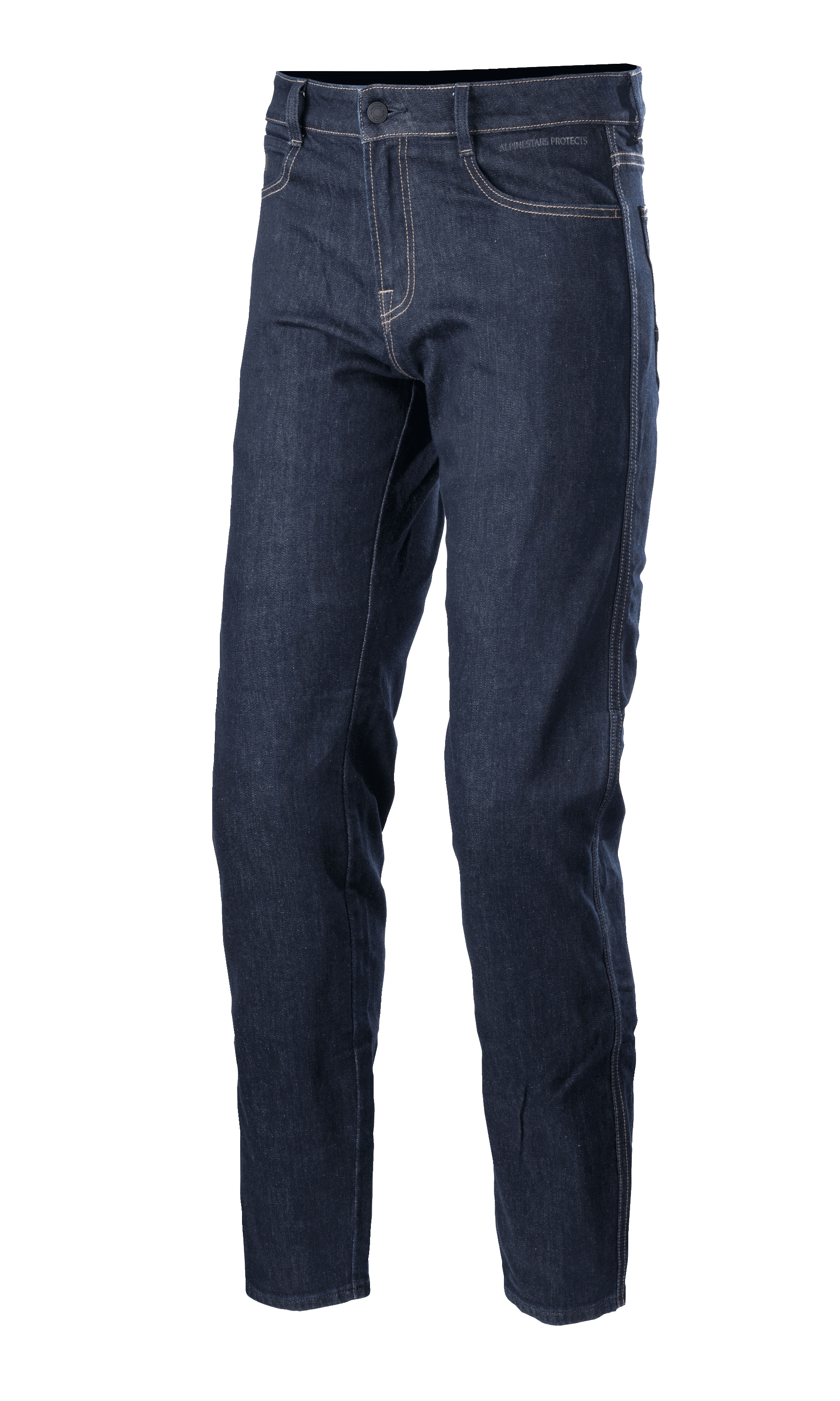 Alpinestars Sektor Regular Fit Denim Pants, motocyklowe spodnie jeansowe Mid Blue, techniczne spodnie do jazdy z białymi kontrastowymi szwami, pięć kieszeni, szlufki na pasek i zwężane nogawki z elastycznego denimu