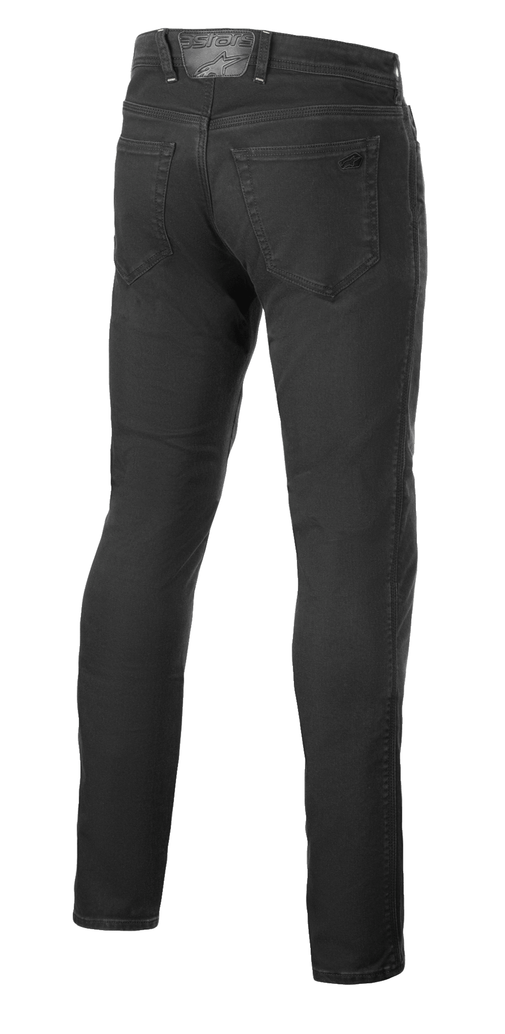 Alpinestars Copper V3 Denim Pants, dżinsy motocyklowe, Black Rinse, widok z tyłu przedstawiający tylne kieszenie i skórzaną naszywkę w pasie z tonalnym logo, regularny wygodny krój z prostymi nogawkami