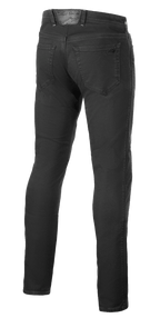 Alpinestars Copper V3 Denim Pants, dżinsy motocyklowe, Black Rinse, widok z tyłu przedstawiający tylne kieszenie i skórzaną naszywkę w pasie z tonalnym logo, regularny wygodny krój z prostymi nogawkami