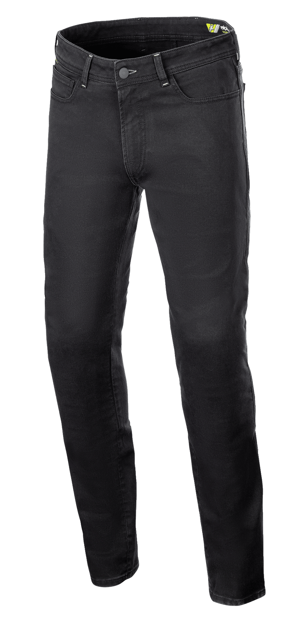 Alpinestars Copper V3 Denim Pants, spodnie motocyklowe, kolor Black Rinse, regularny krój z prostą nogawką, elastyczny bawełniany denim z tonalnymi szwami i fasonem z pięcioma kieszeniami, ochronna odzież do jazdy miejskiej
