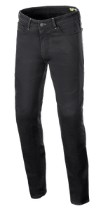 Alpinestars Copper V3 Denim Pants, spodnie motocyklowe, kolor Black Rinse, regularny krój z prostą nogawką, elastyczny bawełniany denim z tonalnymi szwami i fasonem z pięcioma kieszeniami, ochronna odzież do jazdy miejskiej