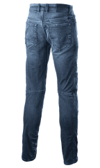 Alpinestars Argon Slim Fit Denim Pants, motocyklowe spodnie dżinsowe, kolor Mid Blue, widok z tyłu pokazujący tylne kieszenie z haftowanym logo gwiazdy, dopasowany krój slim fit, techniczna konstrukcja dżinsowa do jazdy miejskiej