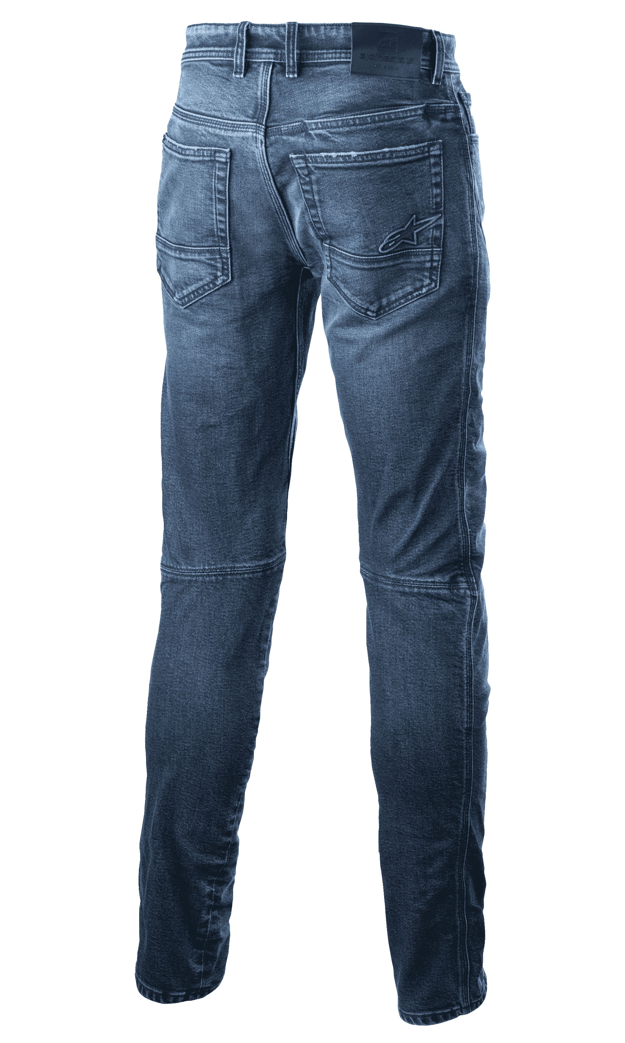 Alpinestars Argon Slim Fit Denim Pants, motocyklowe spodnie dżinsowe, kolor Mid Blue, widok z tyłu pokazujący tylne kieszenie z haftowanym logo gwiazdy, dopasowany krój slim fit, techniczna konstrukcja dżinsowa do jazdy miejskiej