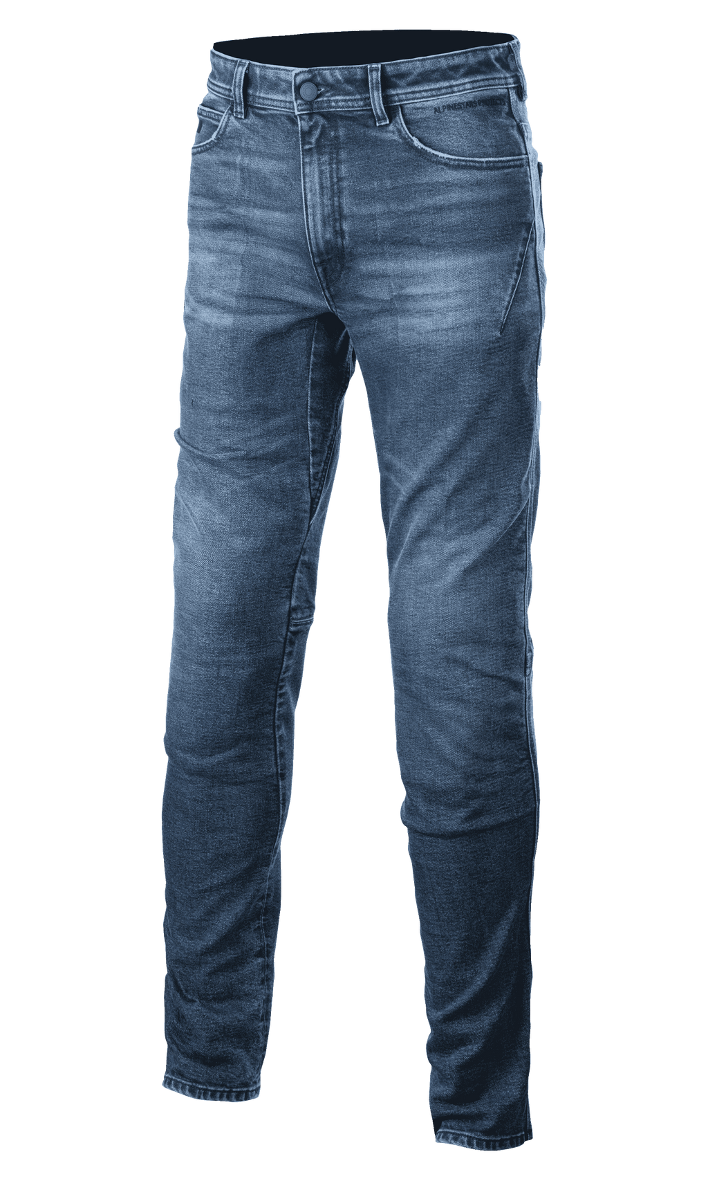 Alpinestars Argon Slim Fit Denim Pants, niebieskie motocyklowe spodnie jeansowe, zapięcie na guzik i zamek, efekt sprania, krój slim fit, szlufki na pasek i przednie kieszenie, widoczne przeszycia