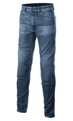 Alpinestars Argon Slim Fit Denim Pants, niebieskie motocyklowe spodnie jeansowe, zapięcie na guzik i zamek, efekt sprania, krój slim fit, szlufki na pasek i przednie kieszenie, widoczne przeszycia