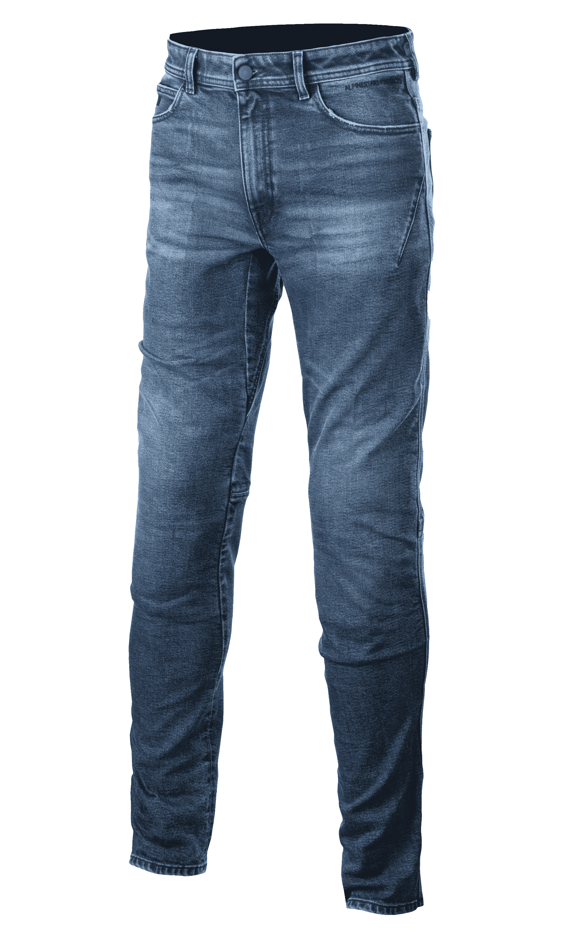 Alpinestars Argon Slim Fit Denim Pants, niebieskie motocyklowe spodnie jeansowe, zapięcie na guzik i zamek, efekt sprania, krój slim fit, szlufki na pasek i przednie kieszenie, widoczne przeszycia