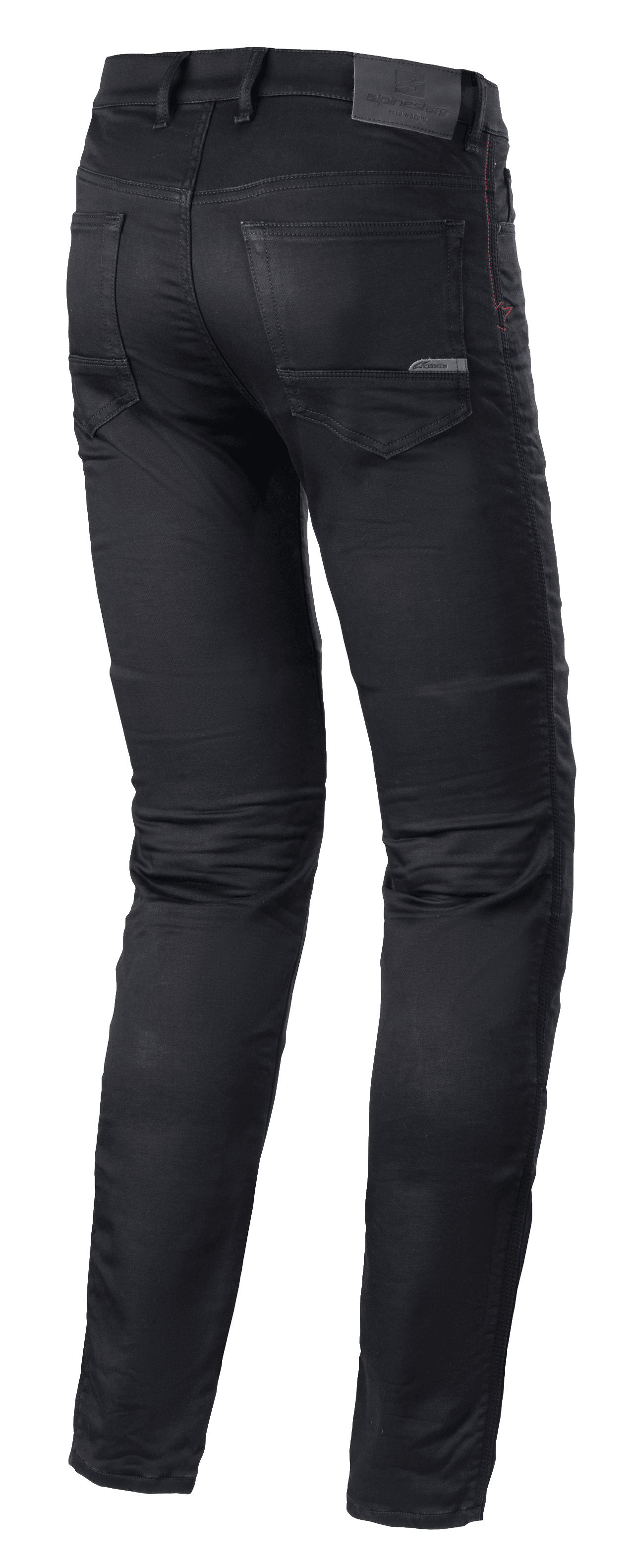 Alpinestars Cerium Tech Stretch Riding Denim, motocyklowe dżinsy, Black Rinse, krój slim fit, widok z tyłu z profilowaną konstrukcją nogawek, tylnymi kieszeniami i skórzaną naszywką w pasie z tłoczonym logo