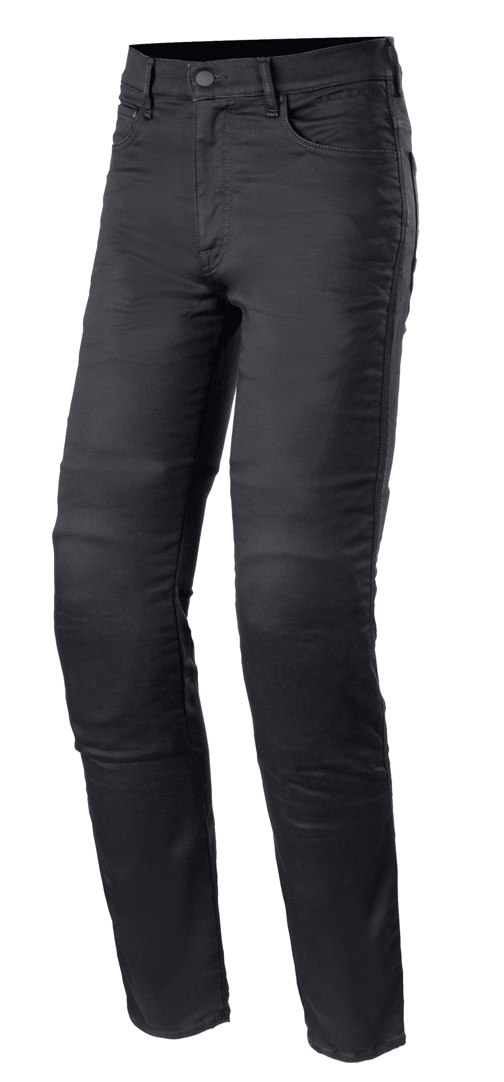 Alpinestars Cerium Tech Stretch Riding Denim, motocyklowe jeansy w kolorze Black Rinse, krój slim fit z zapięciem na guzik, konstrukcja z pięcioma kieszeniami i szlufkami na pasek, wytrzymała elastyczna tkanina z widocznymi szwami