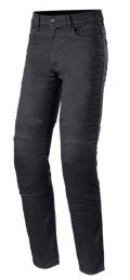Alpinestars Cerium Tech Stretch Riding Denim, motocyklowe jeansy w kolorze Black Rinse, krój slim fit z zapięciem na guzik, konstrukcja z pięcioma kieszeniami i szlufkami na pasek, wytrzymała elastyczna tkanina z widocznymi szwami