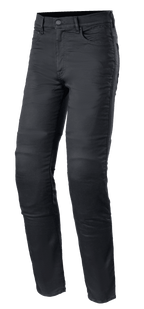 Alpinestars Cerium Tech Stretch Riding Denim, motocyklowe jeansy w kolorze Black Rinse, krój slim fit z zapięciem na guzik, konstrukcja z pięcioma kieszeniami i szlufkami na pasek, wytrzymała elastyczna tkanina z widocznymi szwami