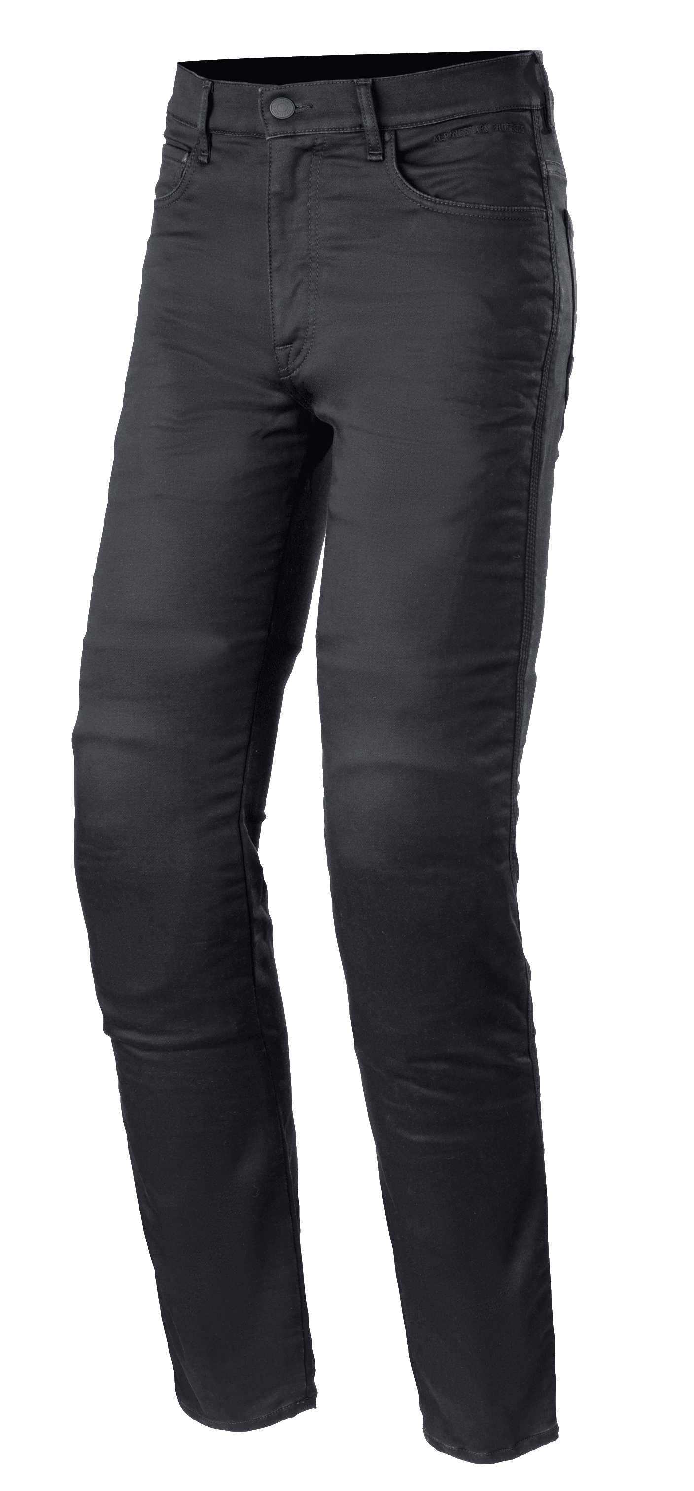 Alpinestars Cerium Tech Stretch Riding Denim, motocyklowe jeansy w kolorze Black Rinse, krój slim fit z zapięciem na guzik, konstrukcja z pięcioma kieszeniami i szlufkami na pasek, wytrzymała elastyczna tkanina z widocznymi szwami