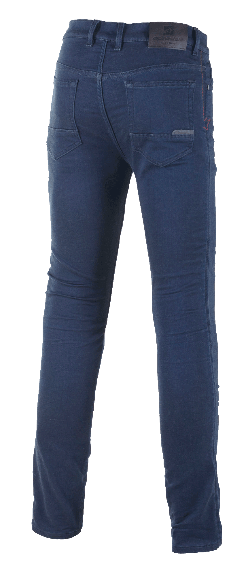 Alpinestars Cerium Tech Stretch Riding Denim, motocyklowe jeansy, Rinse Blue, widok z tyłu przedstawiający dopasowany techniczny denim, klasyczne tylne kieszenie oraz markową skórzaną naszywkę na pasku