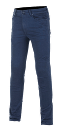 Alpinestars Cerium Tech Stretch Riding Denim, jeansy motocyklowe, ciemnoniebieskie, krój slim fit, pięć kieszeni, zapięcie na guzik i zamek, szlufki na pasek, elastyczny materiał zapewniający komfort jazdy