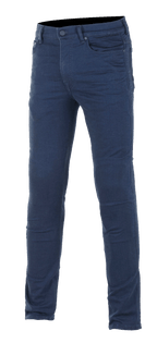 Alpinestars Cerium Tech Stretch Riding Denim, jeansy motocyklowe, ciemnoniebieskie, krój slim fit, pięć kieszeni, zapięcie na guzik i zamek, szlufki na pasek, elastyczny materiał zapewniający komfort jazdy