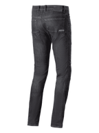 Alpinestars Cerium Denim Tech Riding Pants, motocyklowe spodnie jeansowe, czarny spierany, widok z tyłu z tylnymi kieszeniami i naszywką z logo na pasie, casualowy miejski styl