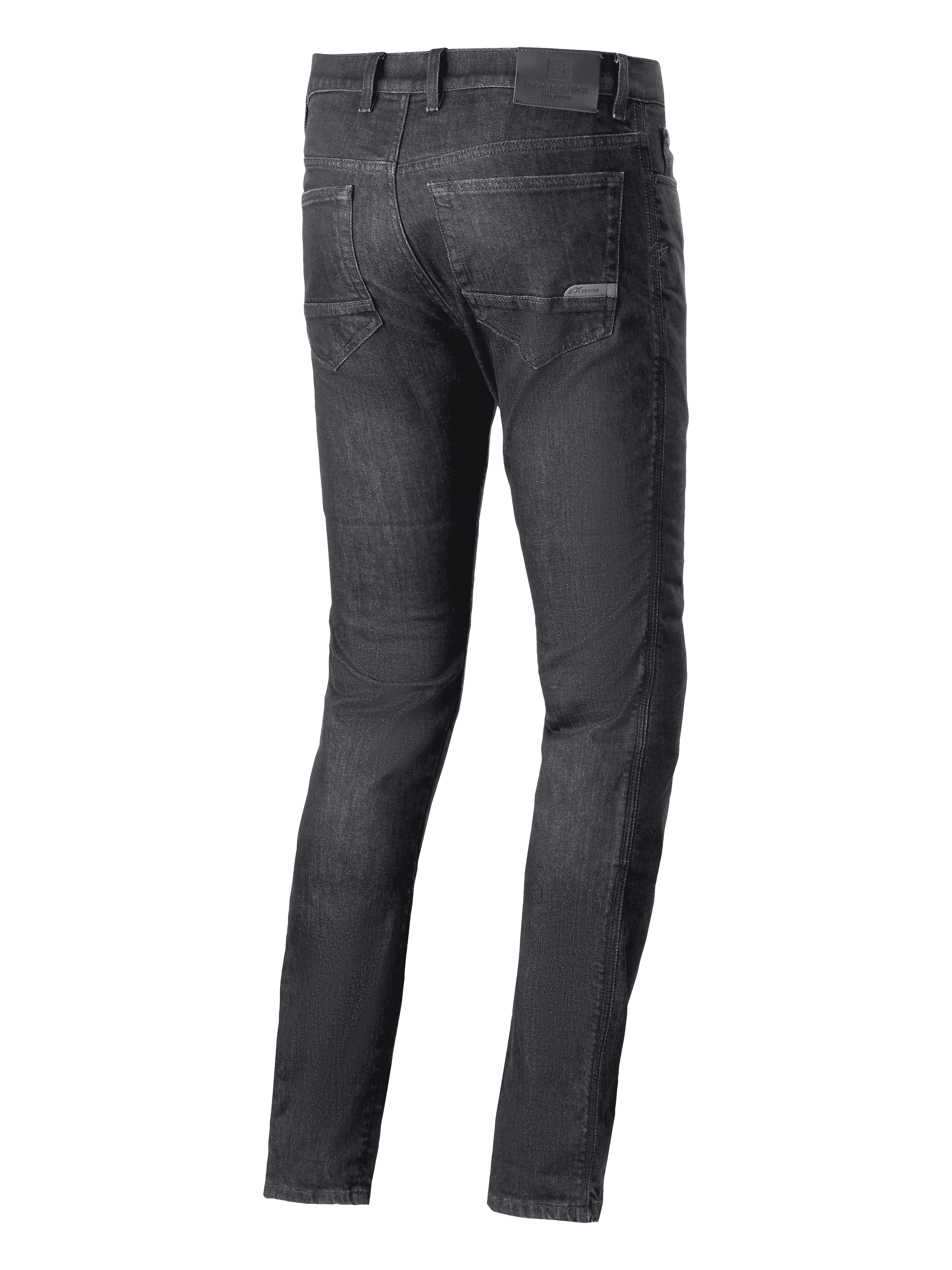 Alpinestars Cerium Denim Tech Riding Pants, motocyklowe spodnie jeansowe, czarny spierany, widok z tyłu z tylnymi kieszeniami i naszywką z logo na pasie, casualowy miejski styl