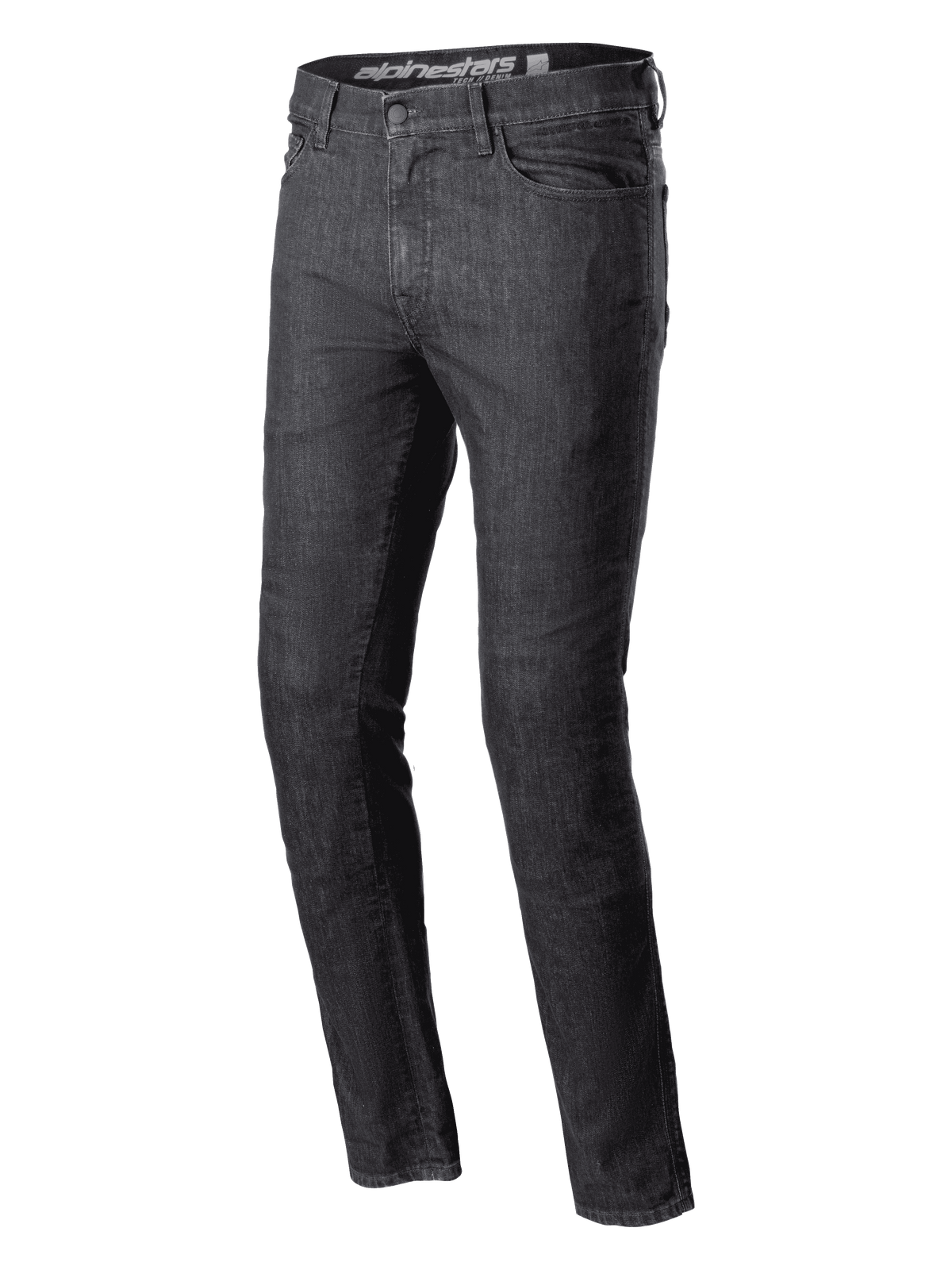 Alpinestars Cerium Denim Tech Riding Pants, spodnie motocyklowe jeansowe, czarny przecierany, krój slim fit, klasyczny fason z pięcioma kieszeniami, wytrzymała konstrukcja z denimu, szlufki na pasek, zapięcie na guzik i zamek, nowoczesna miejska odzież motocyklowa