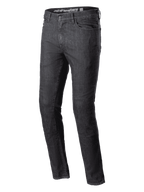 Alpinestars Cerium Denim Tech Riding Pants, spodnie motocyklowe jeansowe, czarny przecierany, krój slim fit, klasyczny fason z pięcioma kieszeniami, wytrzymała konstrukcja z denimu, szlufki na pasek, zapięcie na guzik i zamek, nowoczesna miejska odzież motocyklowa
