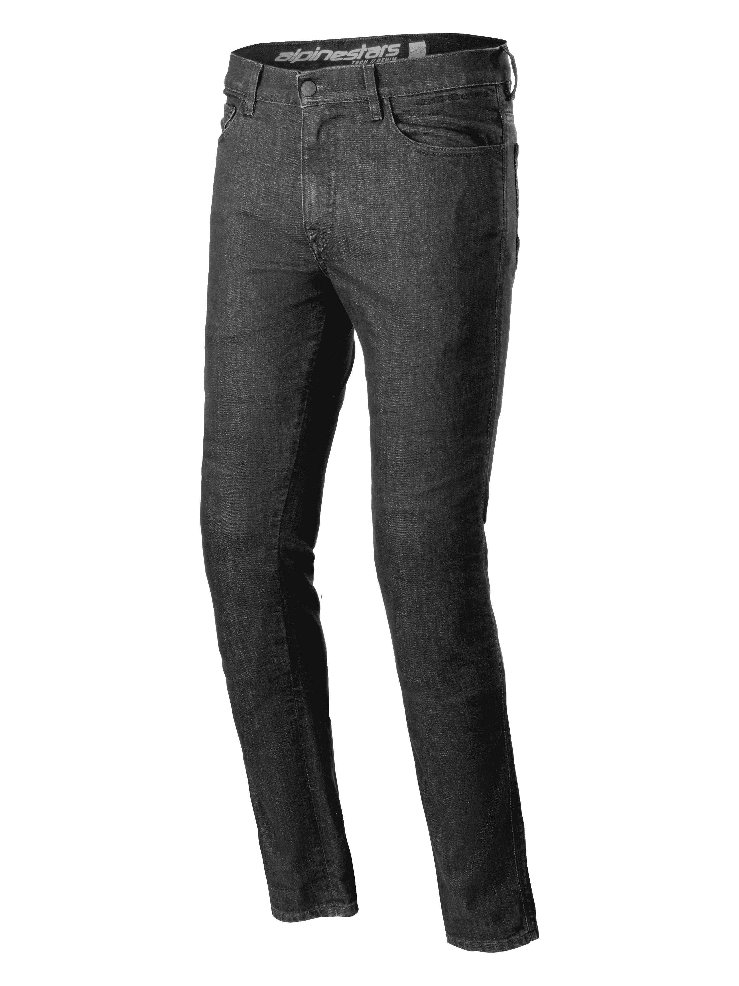 Alpinestars Cerium Denim Tech Riding Pants, spodnie motocyklowe jeansowe, czarny przecierany, krój slim fit, klasyczny fason z pięcioma kieszeniami, wytrzymała konstrukcja z denimu, szlufki na pasek, zapięcie na guzik i zamek, nowoczesna miejska odzież motocyklowa