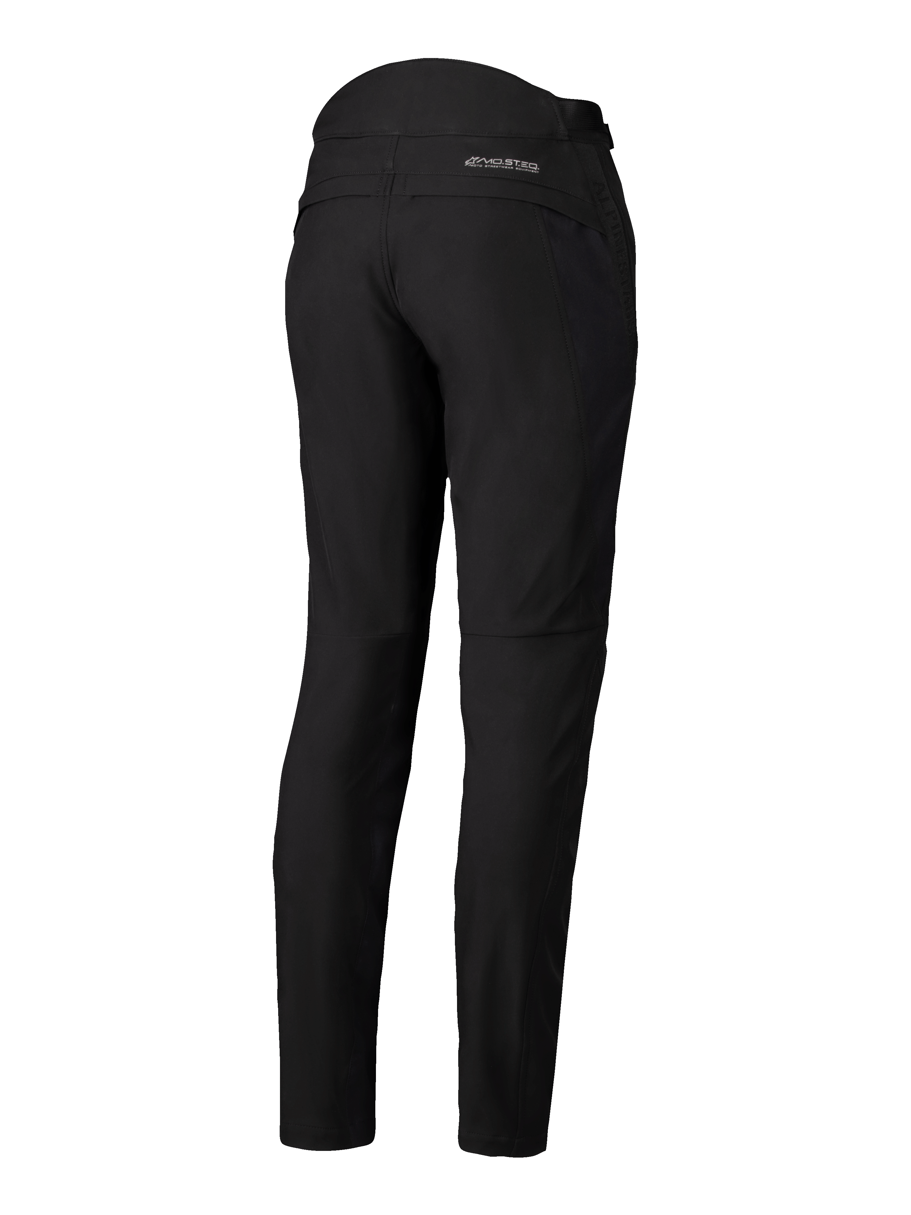 Alpinestars Alamosa Women Pants, czarne, widok z tyłu, dopasowane tekstylne spodnie softshell z logo MO.ST.EQ. na karczku z tyłu, pikowane detale w górnej części pasa z tyłu, minimalistyczna miejska odzież motocyklowa