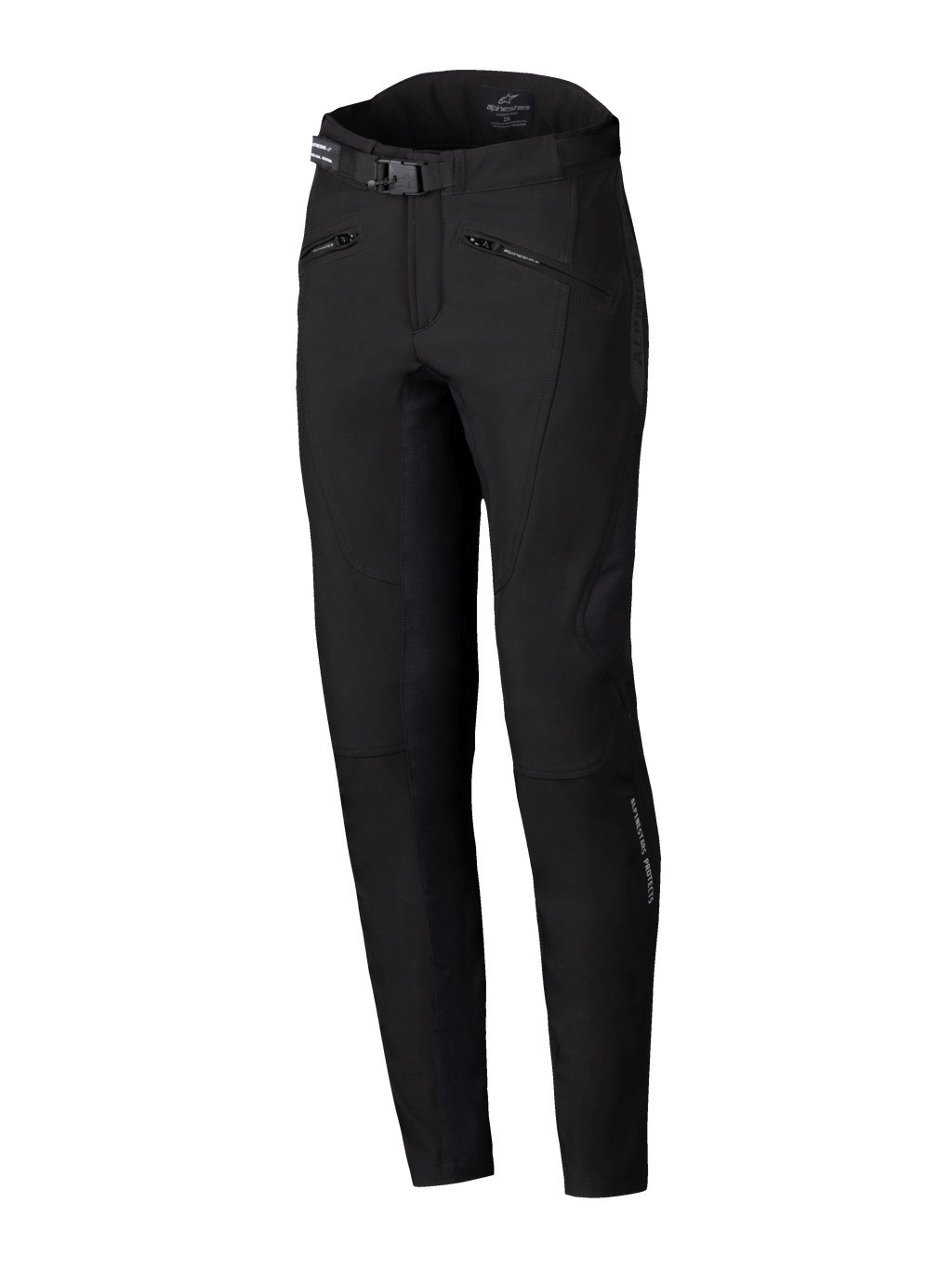 Alpinestars Alamosa Women Pants, miejskie spodnie motocyklowe, czarne, dopasowany krój performance, pasek w talii z klamrą, kieszenie na dłonie zapinane na zamek, ergonomiczna techniczna tkanina softshell ze stretchem, minimalistyczny design inspirowany stylem streetwear