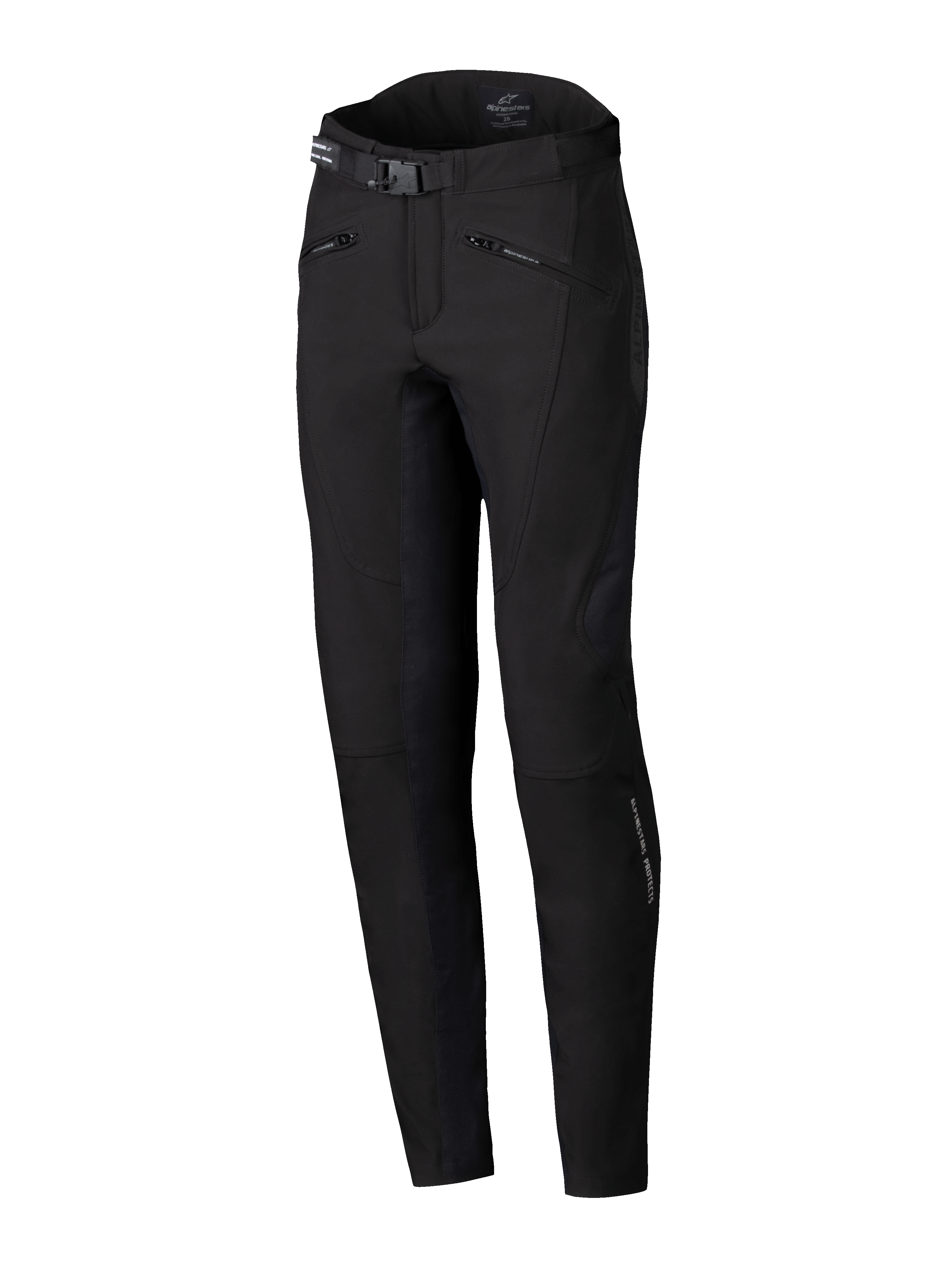 Alpinestars Alamosa Women Pants, miejskie spodnie motocyklowe, czarne, dopasowany krój performance, pasek w talii z klamrą, kieszenie na dłonie zapinane na zamek, ergonomiczna techniczna tkanina softshell ze stretchem, minimalistyczny design inspirowany stylem streetwear