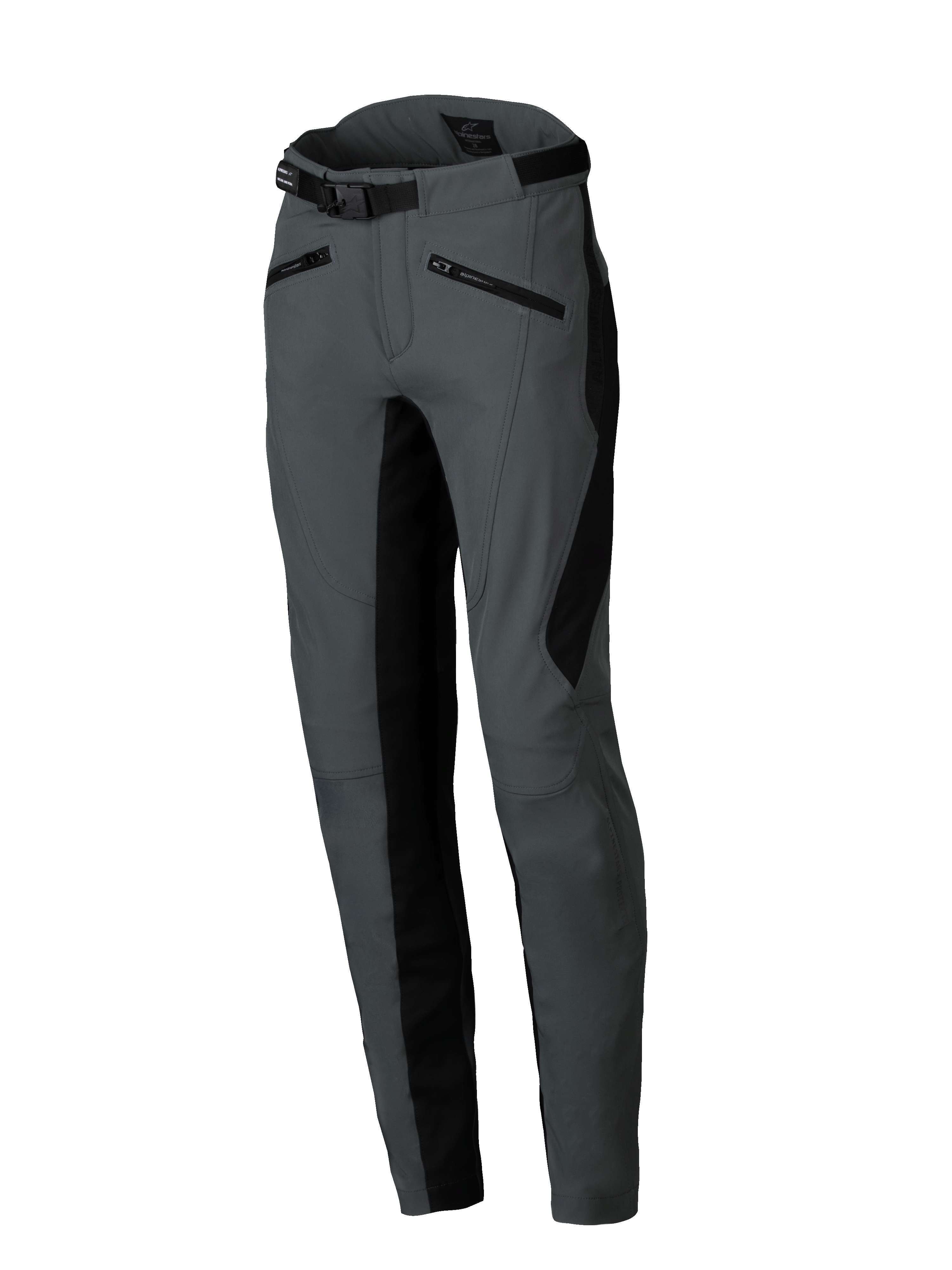Alpinestars spodnie Alamosa, damskie miejskie spodnie motocyklowe, szare i czarne, softshell, Slim Fit, regulowany pasek.