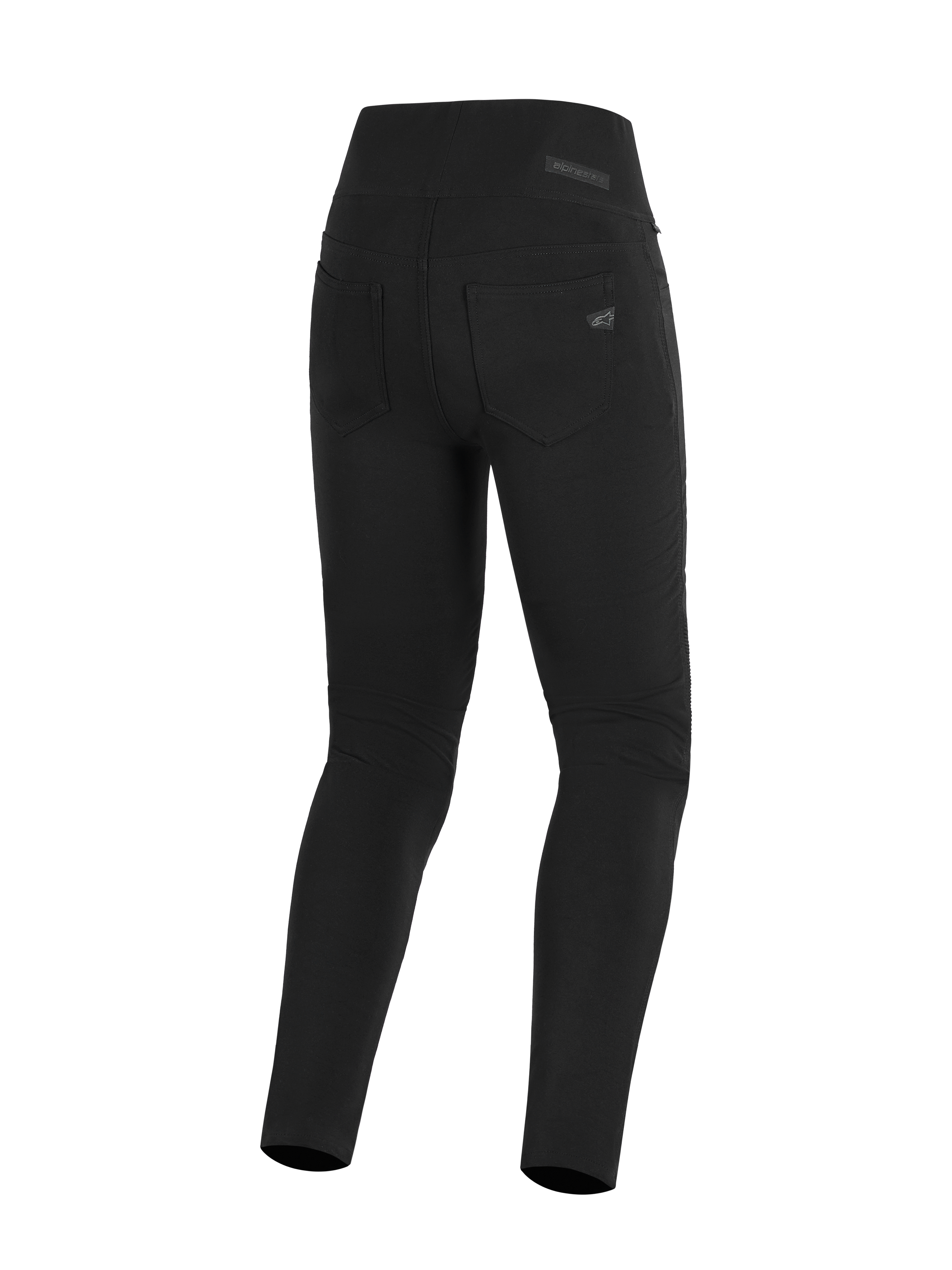 Legginsy Alpinestars Stella Flex-Ast, damskie legginsy motocyklowe, czarne, widok z tyłu z wysokim stanem i funkcjonalnymi kieszeniami, elegancka miejska odzież motocyklowa z subtelnym logo Alpinestars na kieszeni.