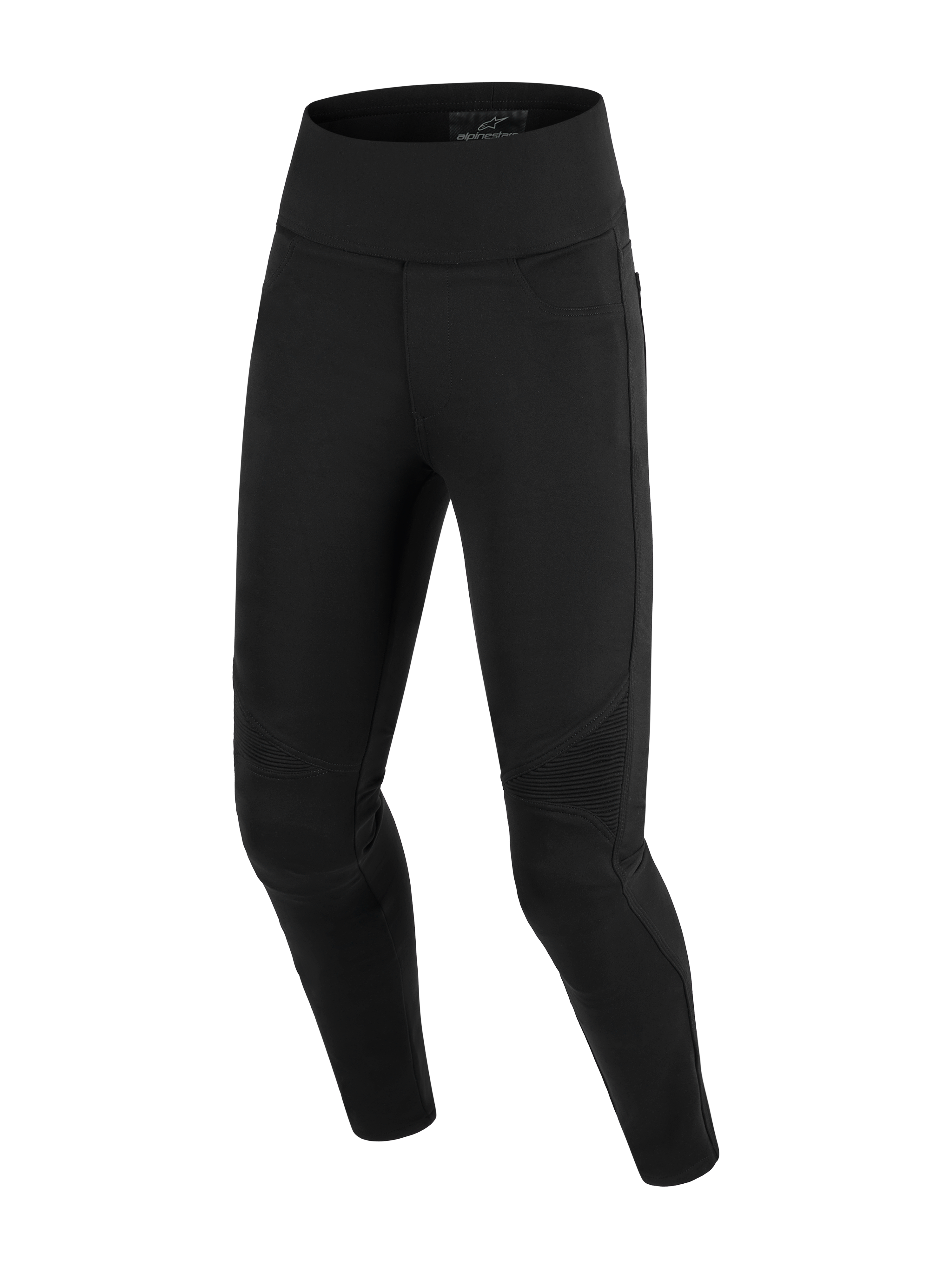 Alpinestars Stella Flex-Ast Leggings, damskie legginsy motocyklowe, czarne, wysoki stan, harmonijkowe panele na kolanach, dopasowana tekstylna konstrukcja do jazdy miejskiej