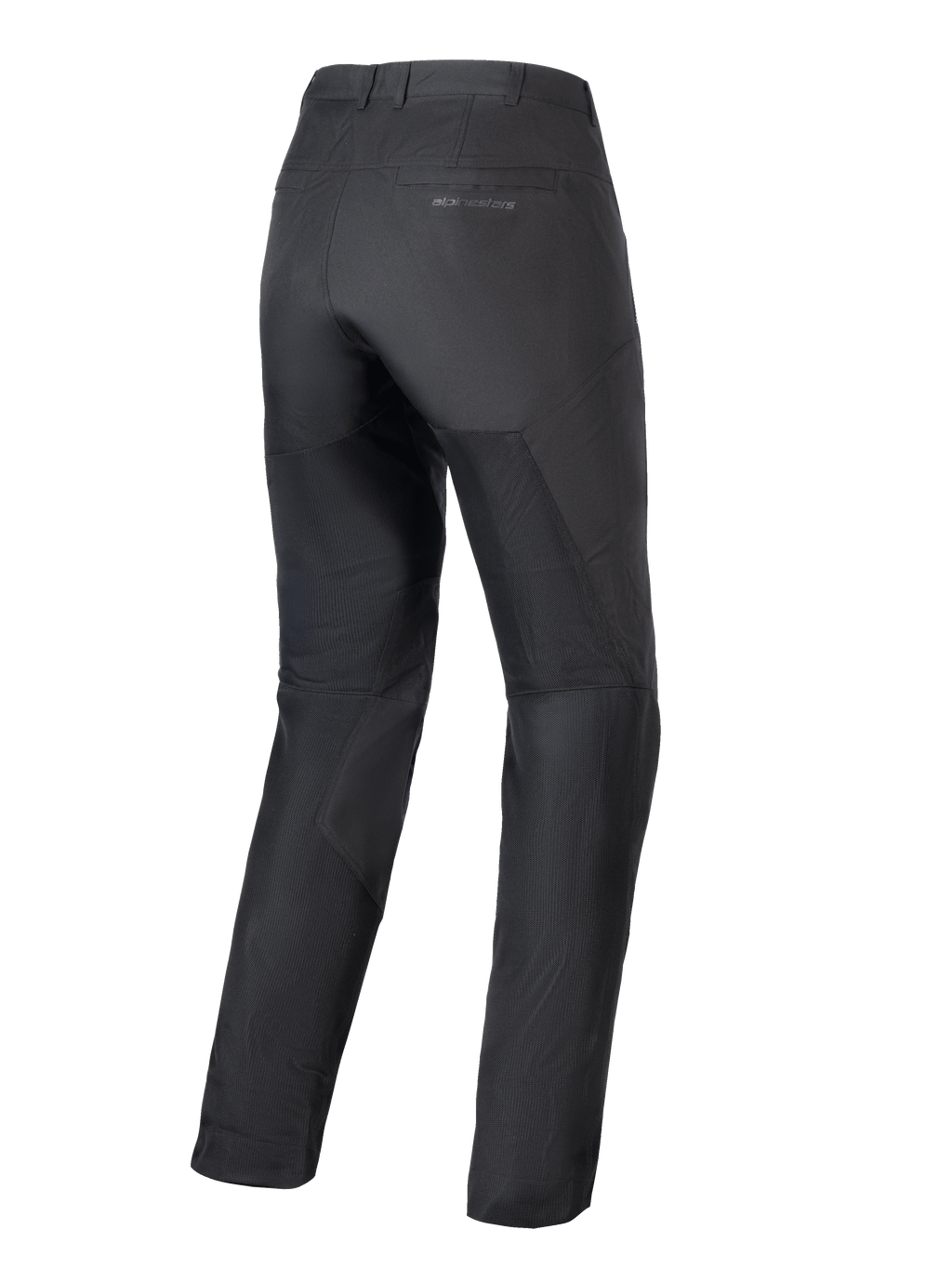 Alpinestars Stella C-1 Air Pants, damskie spodnie motocyklowe, czarne, widok z tyłu, duże panele z siatki technicznej na nogawkach zapewniające wentylację, miejski design z logo na tylnej kieszeni