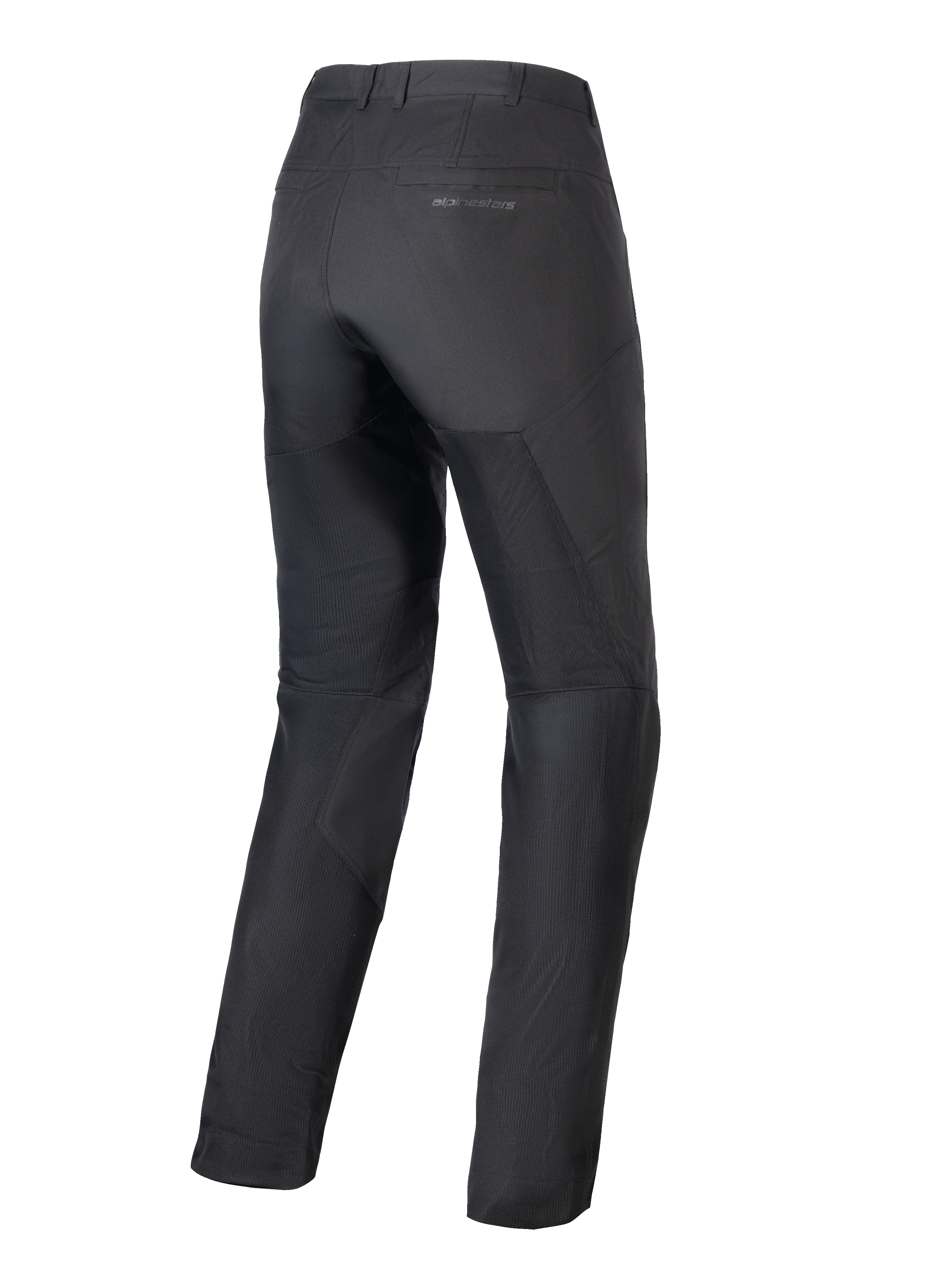 Alpinestars Stella C-1 Air Pants, damskie spodnie motocyklowe, czarne, widok z tyłu, duże panele z siatki technicznej na nogawkach zapewniające wentylację, miejski design z logo na tylnej kieszeni