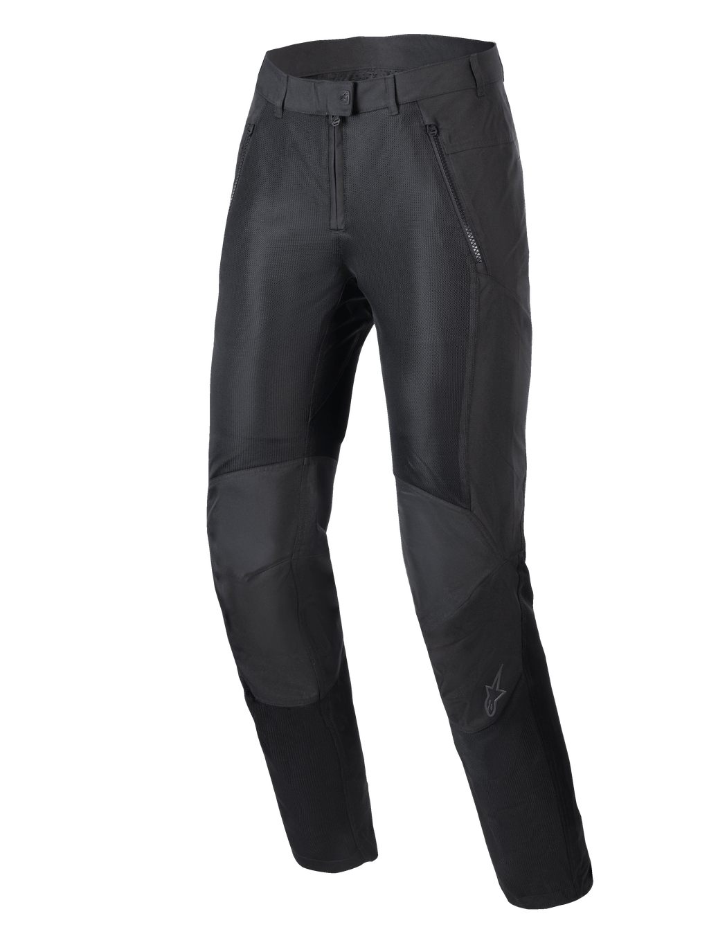 Alpinestars Stella C-1 Air Pants, damskie miejskie spodnie motocyklowe, czarne, z dużymi siateczkowymi panelami wentylacyjnymi z przodu, wytrzymała konstrukcja z materiału polyfabric, ergonomiczna konstrukcja kolan ze zintegrowaną ochroną.
