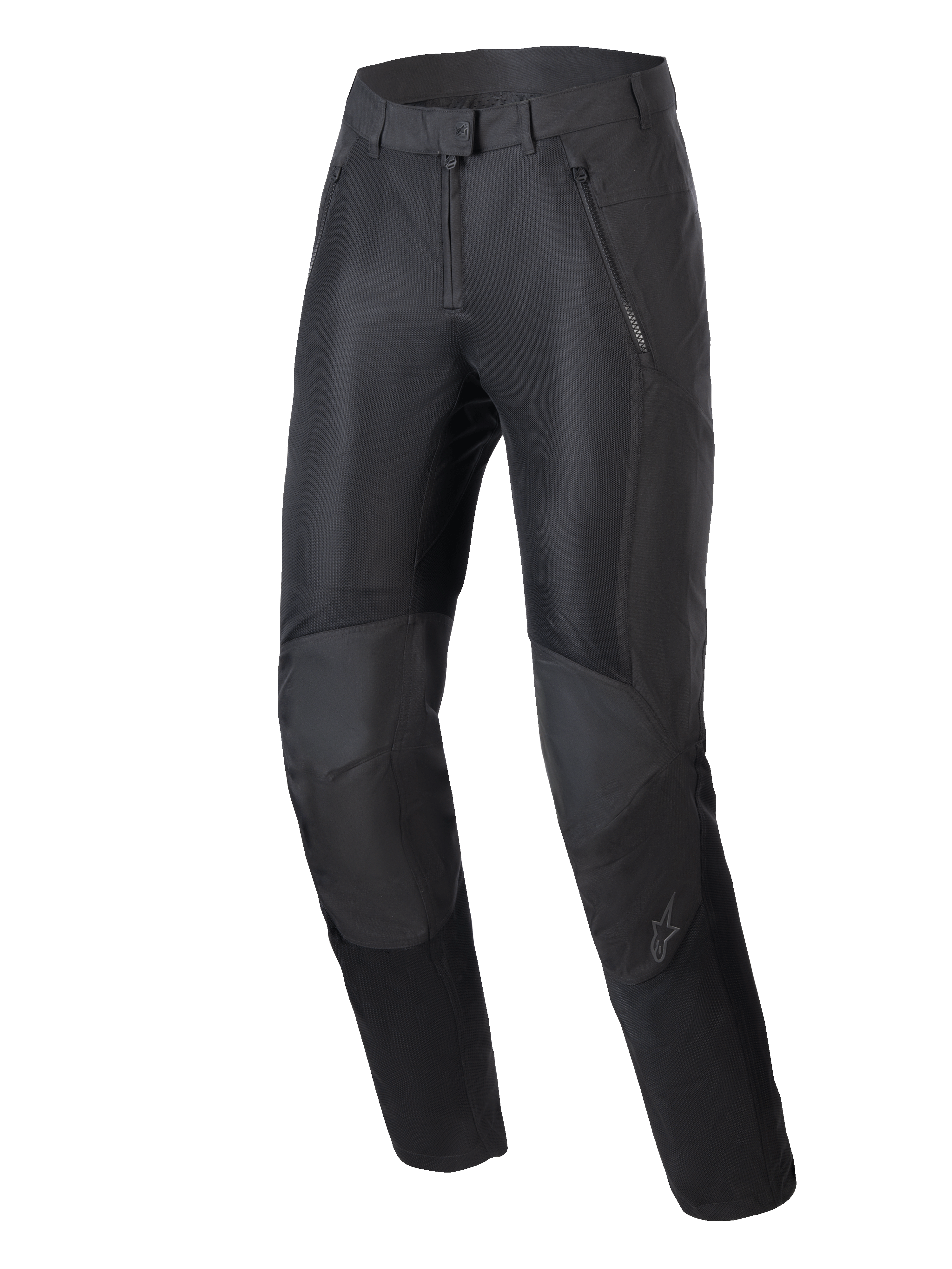 Alpinestars Stella C-1 Air Pants, damskie miejskie spodnie motocyklowe, czarne, z dużymi siateczkowymi panelami wentylacyjnymi z przodu, wytrzymała konstrukcja z materiału polyfabric, ergonomiczna konstrukcja kolan ze zintegrowaną ochroną.