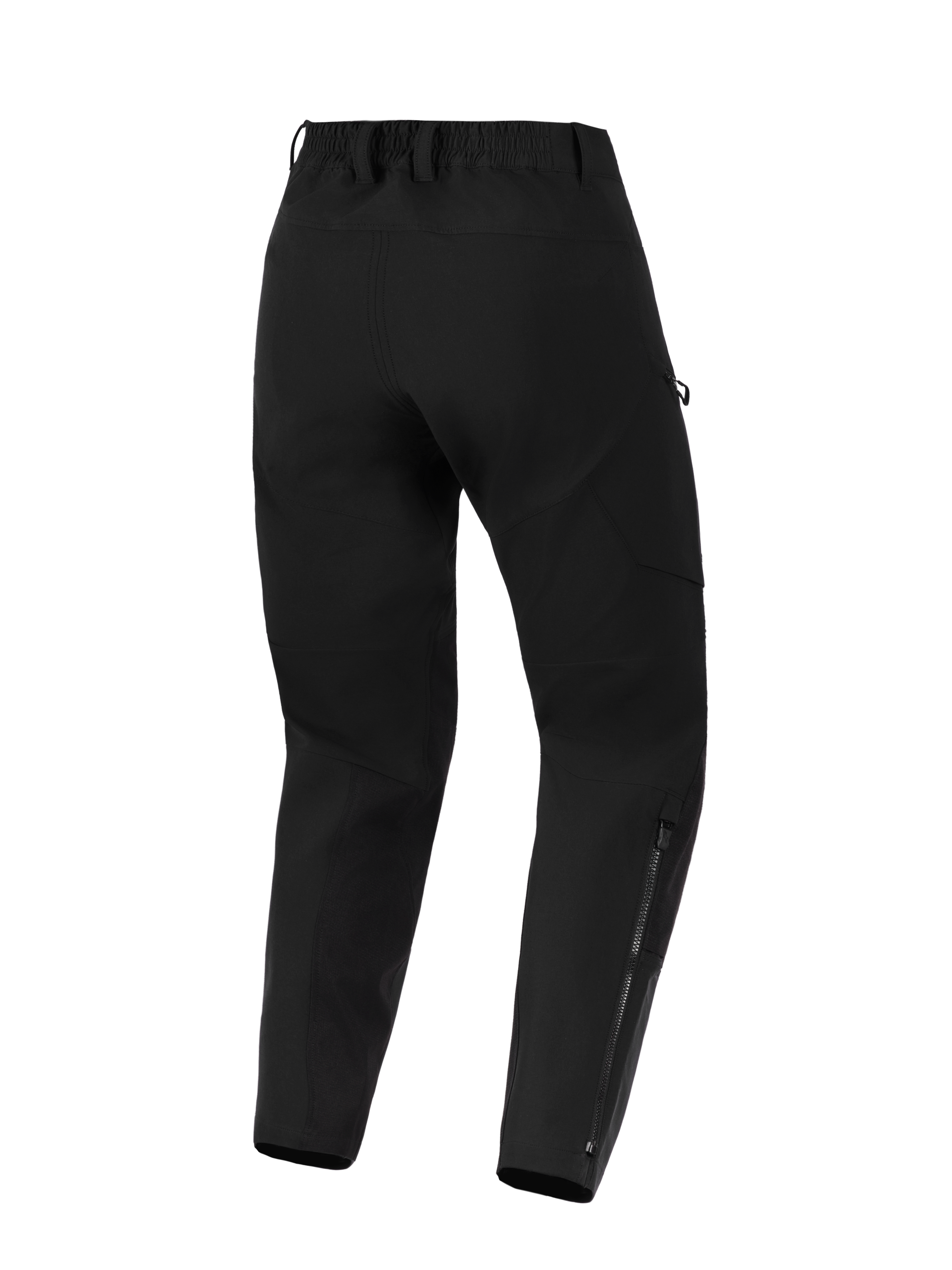 Alpinestars Stella Flex-AST Explorer Pants, damskie spodnie motocyklowe, czarne, widok z tyłu przedstawiający elastyczną konstrukcję tekstylną, elastyczny pas ze szlufkami oraz długie zamki na dole nogawek do jazdy typu adventure.