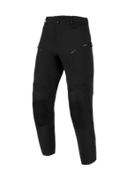 Spodnie Alpinestars Stella Flex-AST Explorer, damskie spodnie motocyklowe, czarne, widok z przodu, kieszenie na udach zapinane na zamek, wzmocnione panele na kolanach i elastyczny pas, przeznaczone do jazdy adventure touring