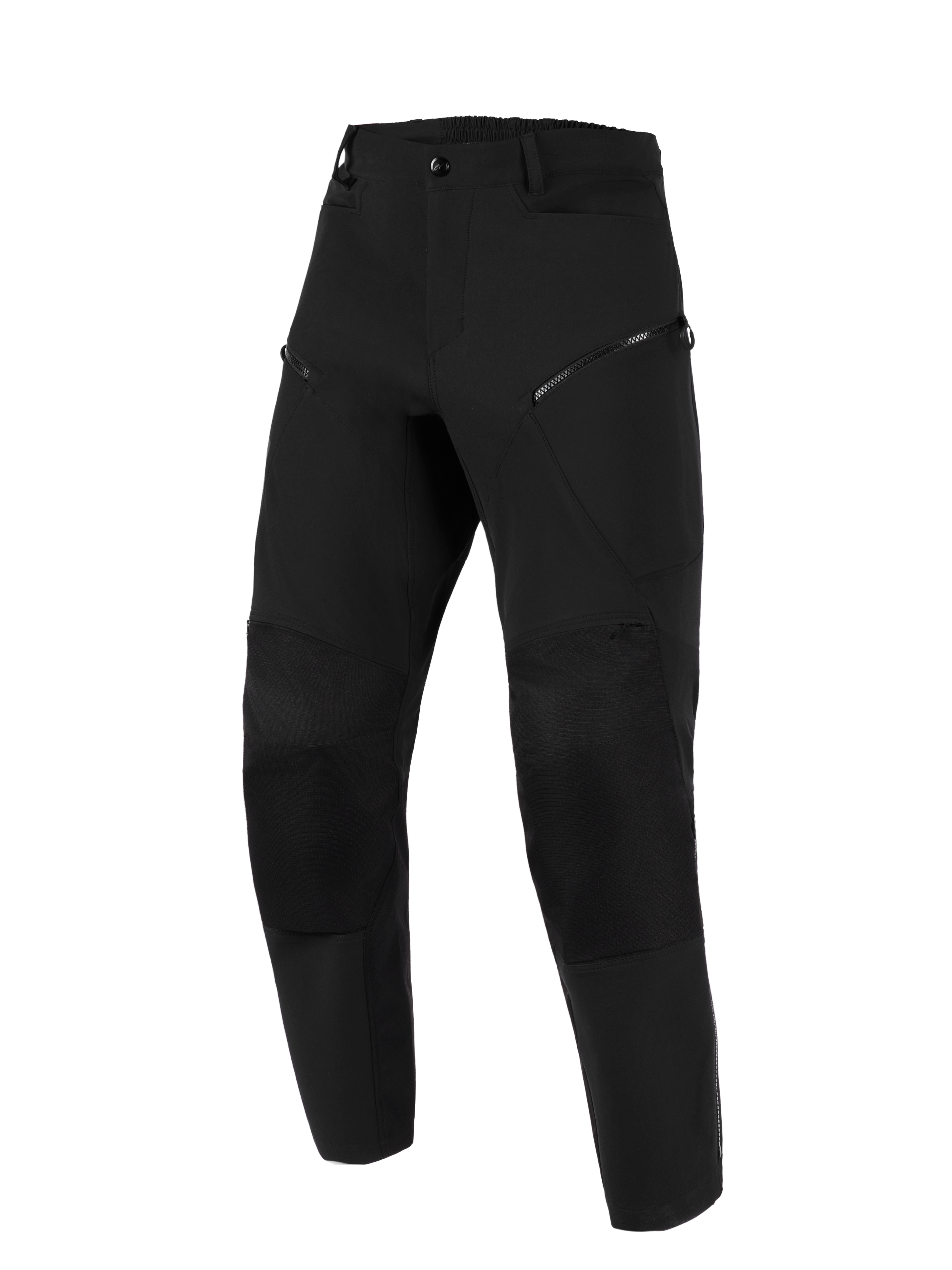 Spodnie Alpinestars Stella Flex-AST Explorer, damskie spodnie motocyklowe, czarne, widok z przodu, kieszenie na udach zapinane na zamek, wzmocnione panele na kolanach i elastyczny pas, przeznaczone do jazdy adventure touring