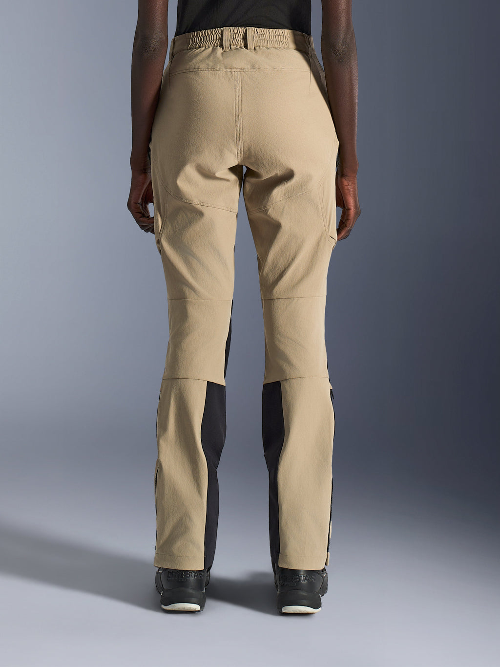 Alpinestars Stella Flex-AST Explorer Pants, Women's Motorcycle Pants, Sand and Black, back view showing stretch ripstop construction, elasticated waistband, and reinforced seat panels, adventure touring gear.
