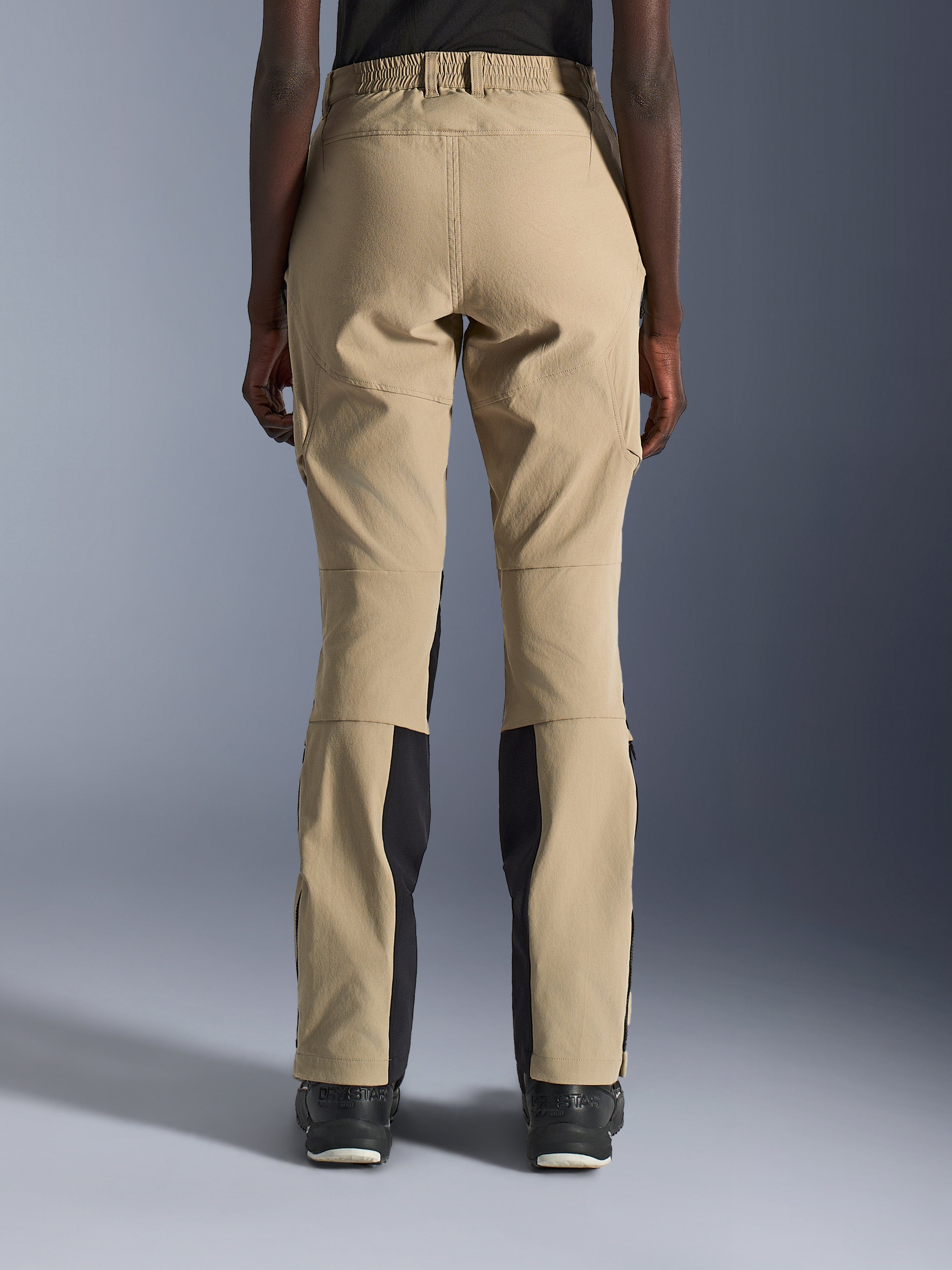 Alpinestars Stella Flex-AST Explorer Pants, Women's Motorcycle Pants, Sand and Black, back view showing stretch ripstop construction, elasticated waistband, and reinforced seat panels, adventure touring gear.