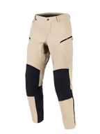 Alpinestars Stella Flex-AST Explorer Pants, Women's Motorcycle Pants, Sand and Black, front view featuring reinforced black knee panels, zippered cargo pockets, and a streamlined textile design for adventure touring