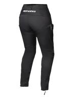 Damskie spodnie Alpinestars Actea, czarne, widok z tyłu z białym logo na pasku, zwężany krój z boczną kieszenią cargo, zamki przy kostkach, nowoczesne spodnie motocyklowe