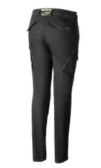 Alpinestars Caliber Women's Tech Riding Denim w kolorze antracytowym, widok z tyłu, dopasowane spodnie motocyklowe typu bojówki, funkcjonalne kieszenie cargo, limonkowe logo astars z tyłu w pasie