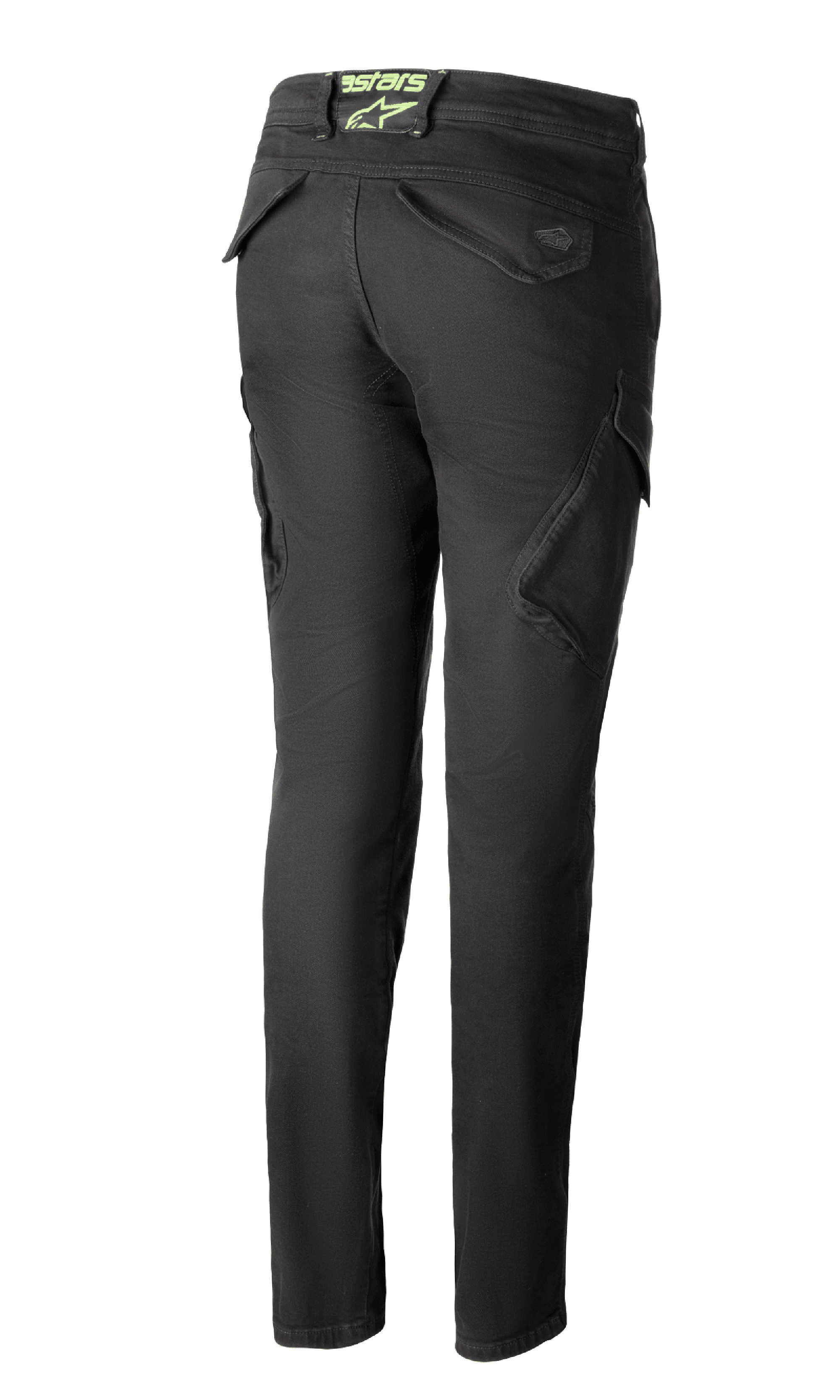 Alpinestars Caliber Women's Tech Riding Denim w kolorze antracytowym, widok z tyłu, dopasowane spodnie motocyklowe typu bojówki, funkcjonalne kieszenie cargo, limonkowe logo astars z tyłu w pasie