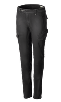 Alpinestars Caliber Women's Tech Riding Denim, antracytowe damskie spodnie motocyklowe cargo, krój slim-fit z ukośnymi bocznymi kieszeniami z klapkami, szlufki i zapięcie na guzik i zamek, wytrzymały elastyczny dżins Cordura, miejska ochronna odzież motocyklowa.