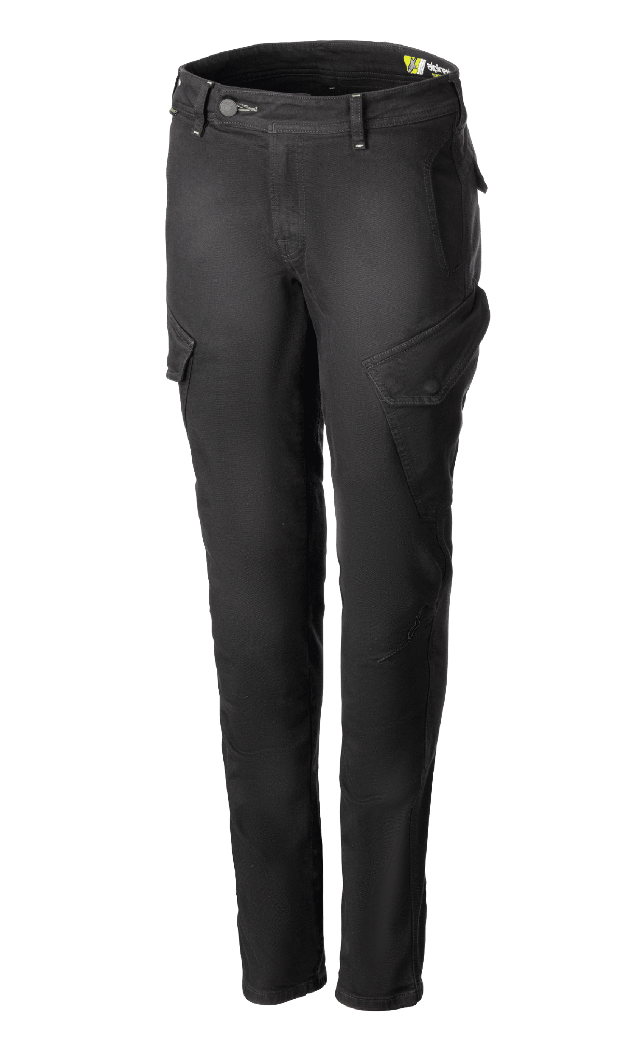 Alpinestars Caliber Women's Tech Riding Denim, antracytowe damskie spodnie motocyklowe cargo, krój slim-fit z ukośnymi bocznymi kieszeniami z klapkami, szlufki i zapięcie na guzik i zamek, wytrzymały elastyczny dżins Cordura, miejska ochronna odzież motocyklowa.