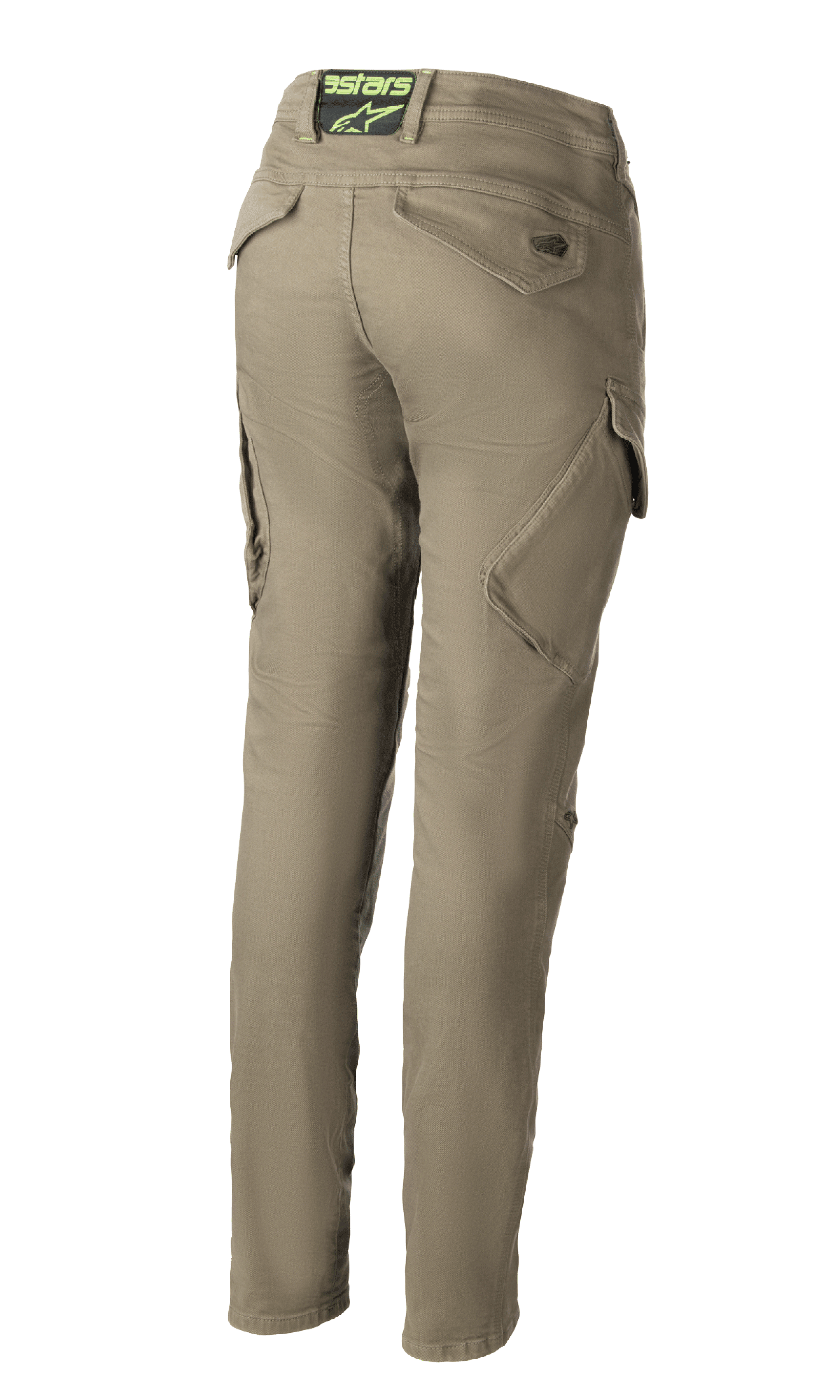 Alpinestars Caliber Women's Tech Riding Denim, damskie spodnie motocyklowe w kolorze Military Green, widok z tyłu ukazujący dopasowany krój bojówek z ukośnymi kieszeniami cargo, logo Astars na tylnym pasie, wytrzymała tkanina Cordura