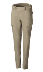 Alpinestars Caliber Women's Tech Riding Denim, damskie spodnie motocyklowe, zielony militarny, styl bojowy z ukośnymi kieszeniami cargo, dopasowany, zwężany krój, szlufki na pasek, zapięcie na guzik i zamek, trwała, elastyczna tkanina Cordura do jazdy miejskiej