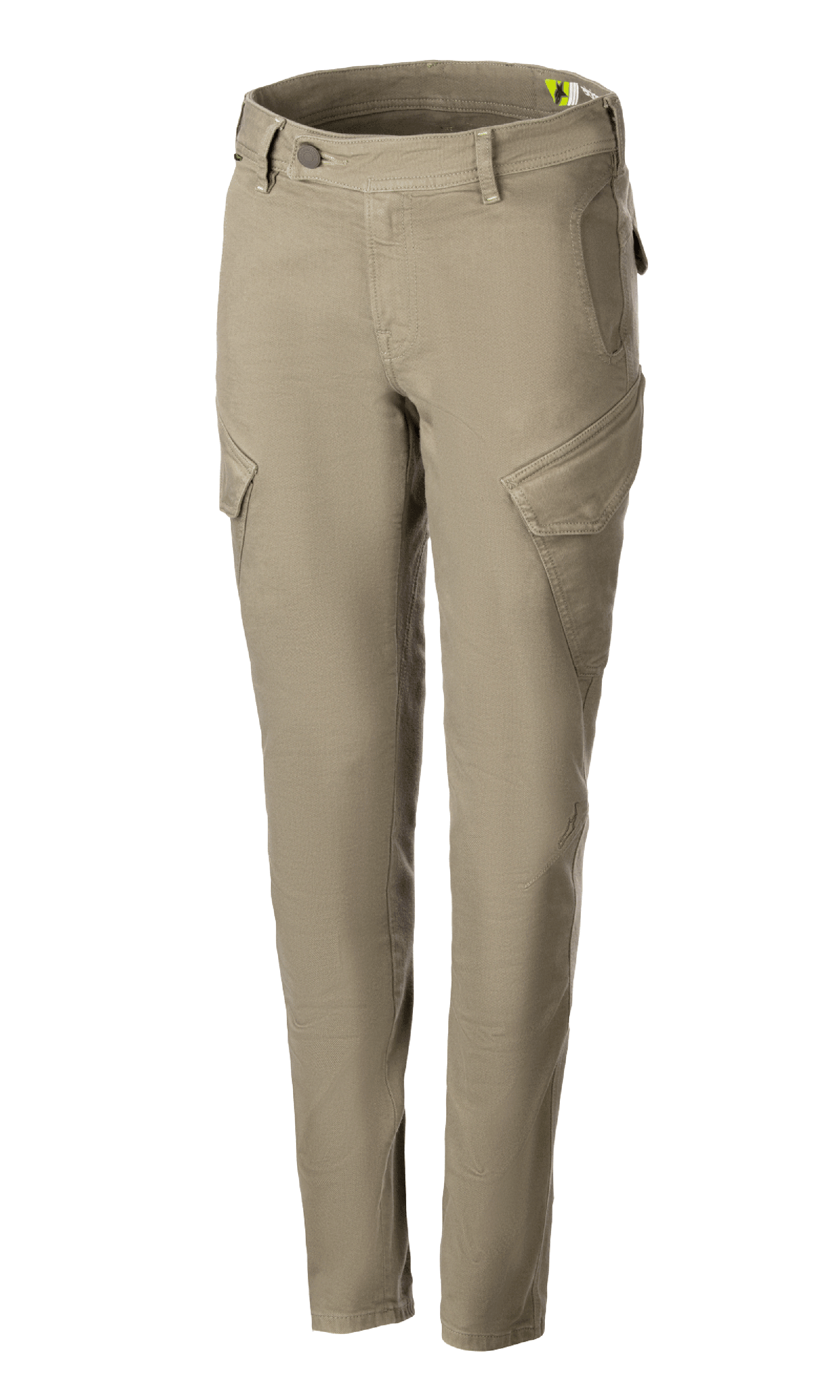 Alpinestars Caliber Women's Tech Riding Denim, damskie spodnie motocyklowe, zielony militarny, styl bojowy z ukośnymi kieszeniami cargo, dopasowany, zwężany krój, szlufki na pasek, zapięcie na guzik i zamek, trwała, elastyczna tkanina Cordura do jazdy miejskiej