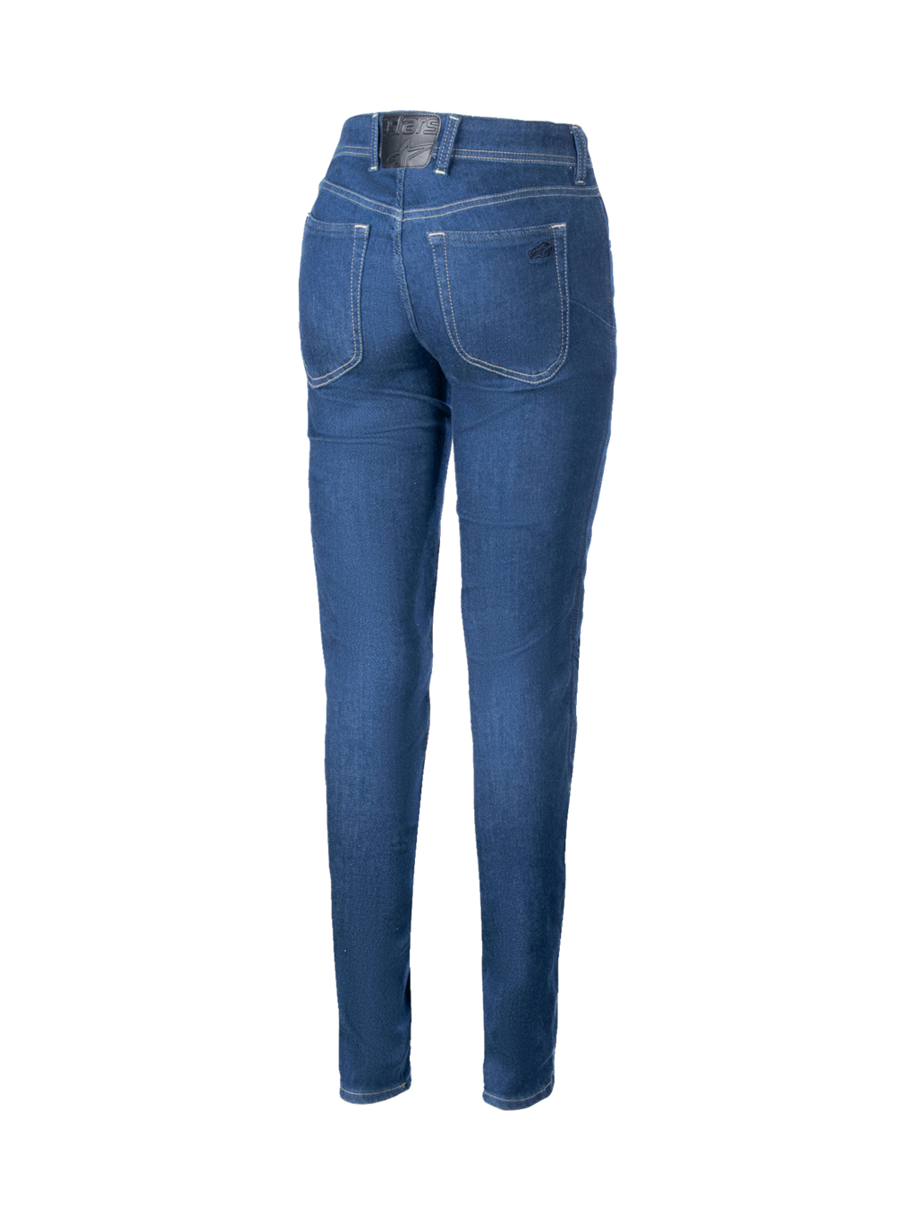 Alpinestars Jeansy Moto Daisy V3 damskie, niebieskie spodnie motocyklowe slim fit, widok z tyłu na wysoką talię, naszywkę z logo i kieszenie, styl urban.