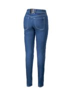 Alpinestars Jeansy Moto Daisy V3 damskie, niebieskie spodnie motocyklowe slim fit, widok z tyłu na wysoką talię, naszywkę z logo i kieszenie, styl urban.