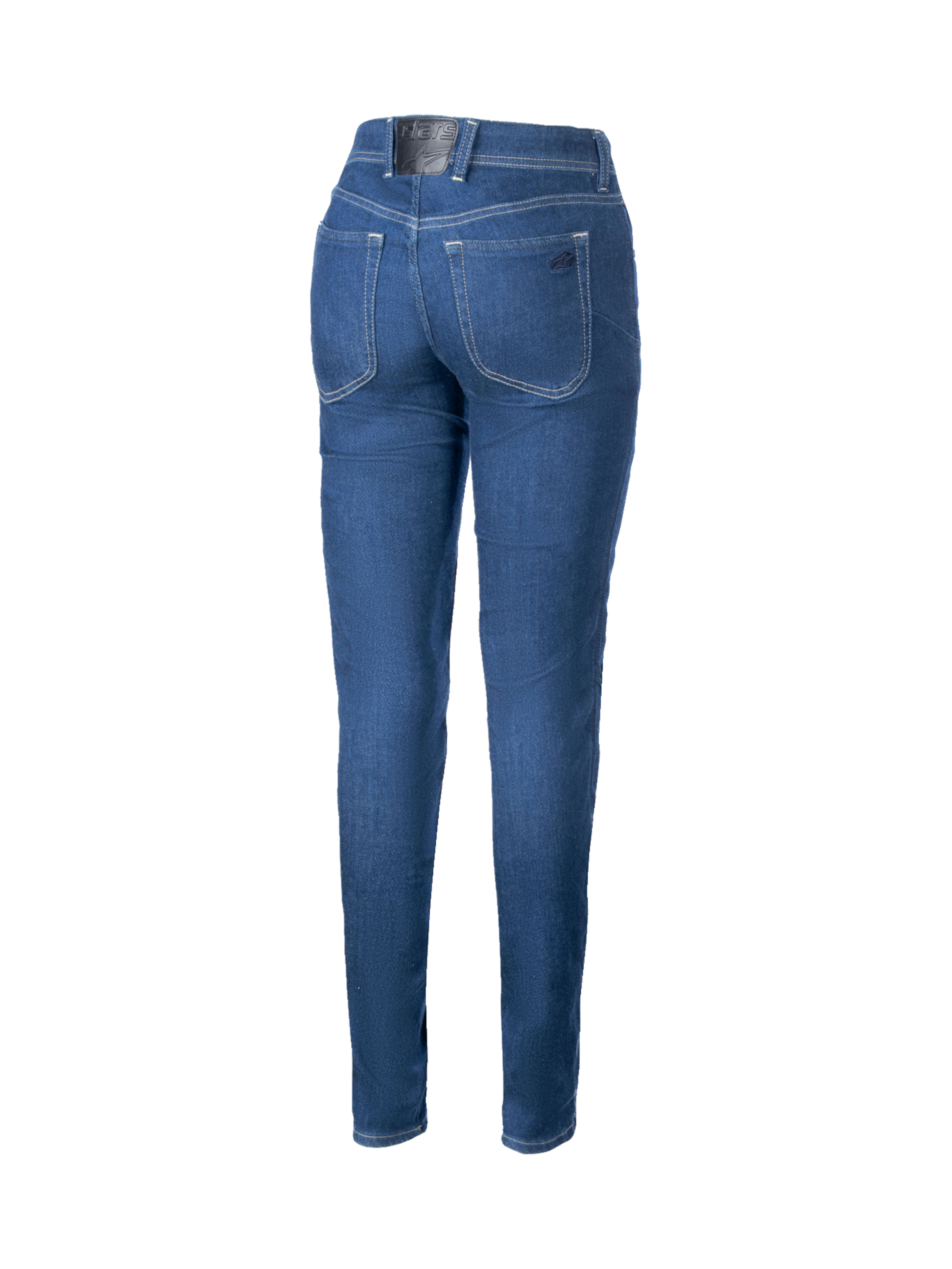 Alpinestars Jeansy Moto Daisy V3 damskie, niebieskie spodnie motocyklowe slim fit, widok z tyłu na wysoką talię, naszywkę z logo i kieszenie, styl urban.